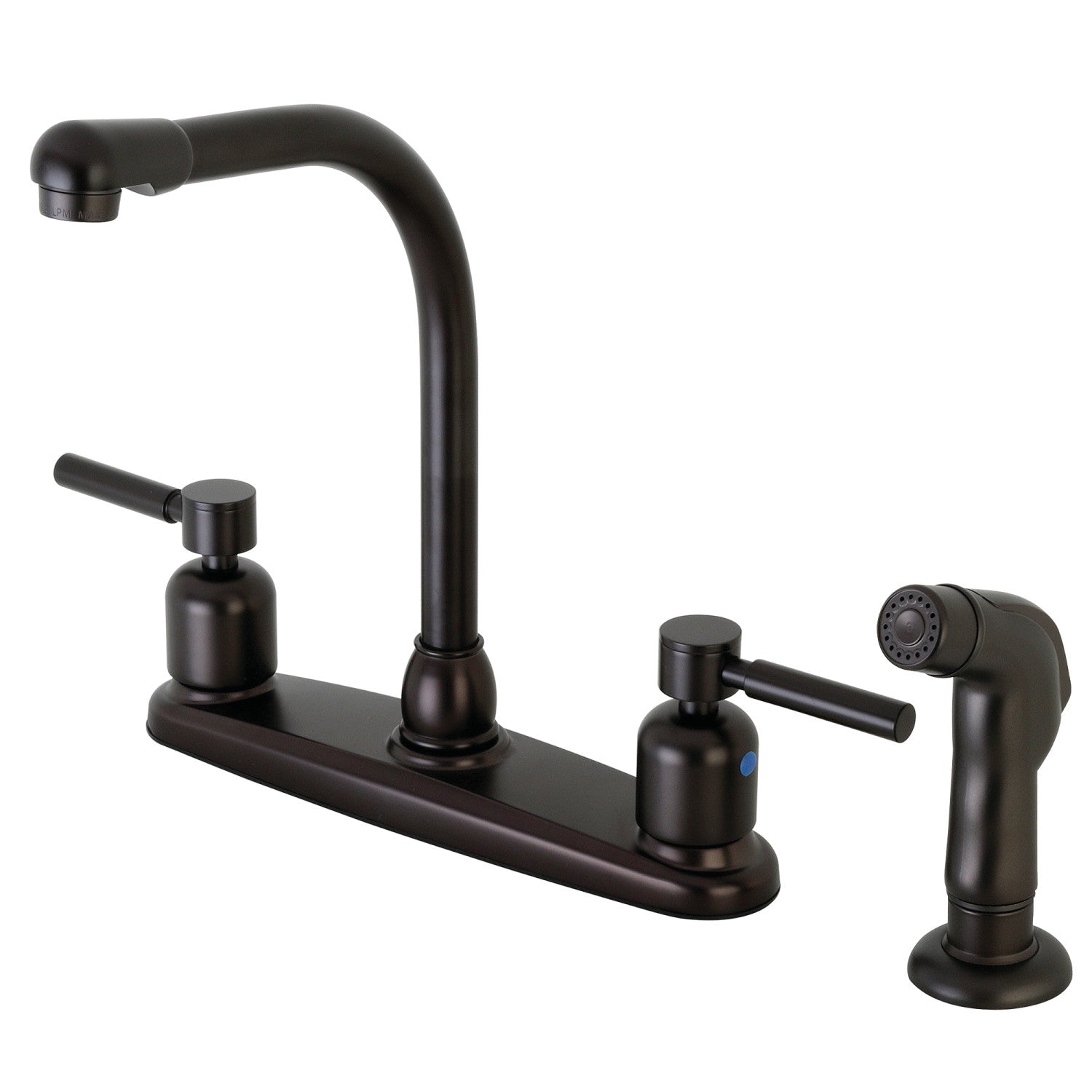 Kingston Tulare FB755DLSP - Robinet de cuisine central à deux poignées Concord 4 trous 8" avec pulvérisateur latéral, bronze frotté à l'huile