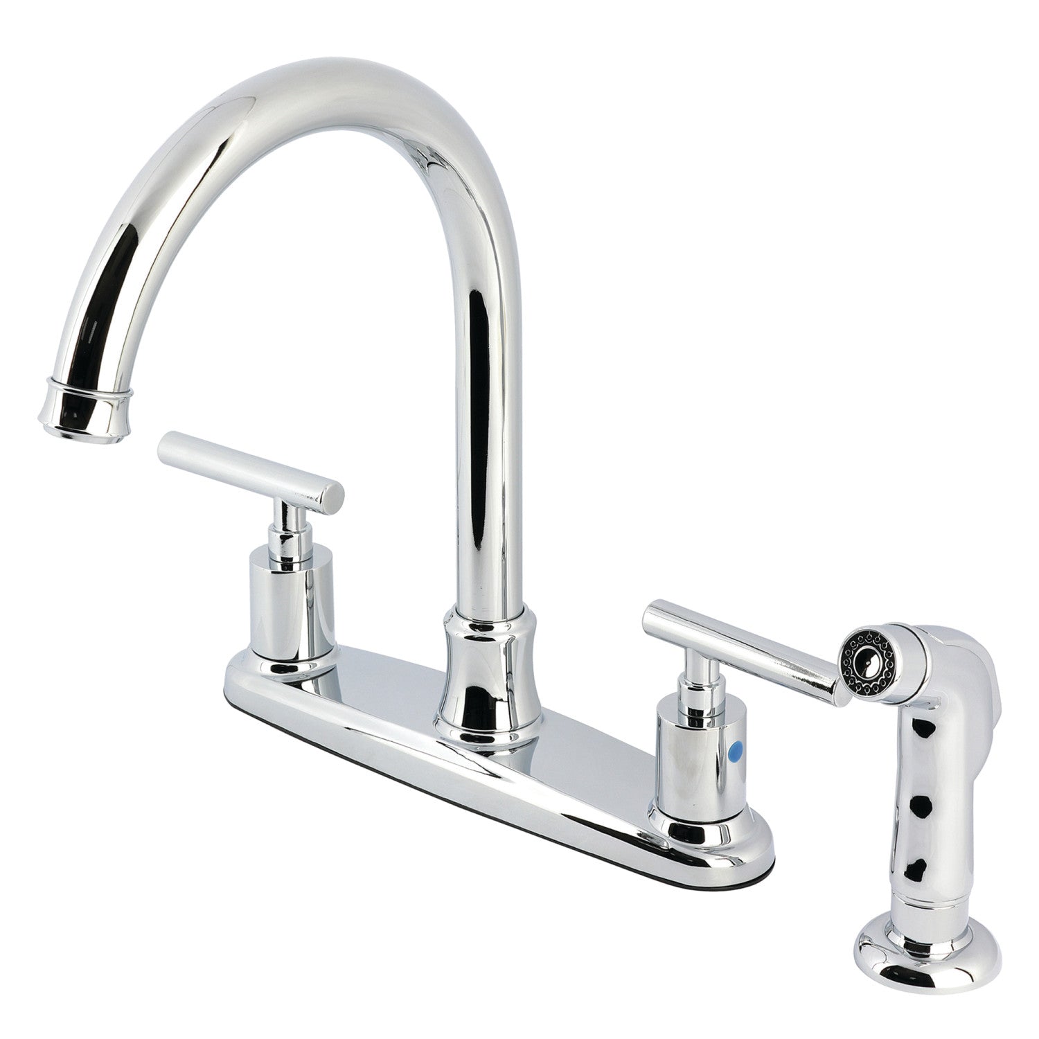 Kingston Tulare FB7791CMLSP - Robinet de cuisine à deux poignées Manhattan 4 trous 8" avec pulvérisateur latéral, chrome poli