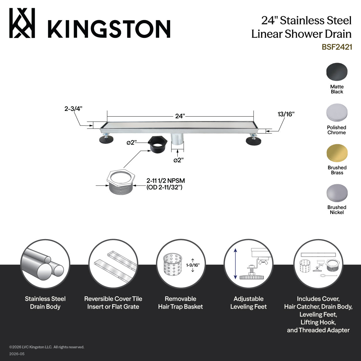 Kingston Watercourse BSF2420 24-Inch Stainless Steel Linear Shower Drain with Reversible Tile Insert and Flat Grate, Matte Black