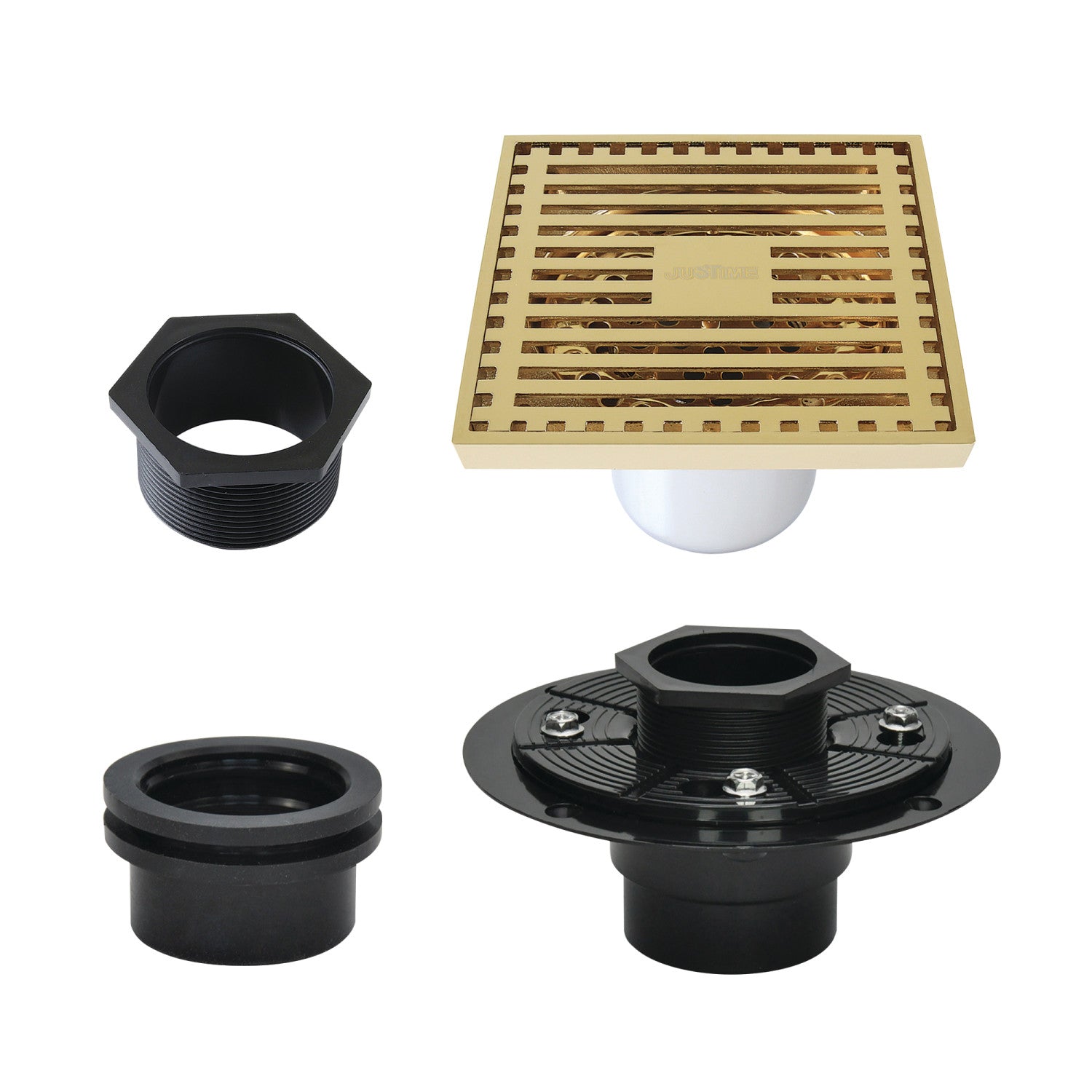 Kingston Watercourse BSFK4464PB 4-Inch Brass Square Grid Shower Drain with Hair Strainer and Base Flange, Polished Brass