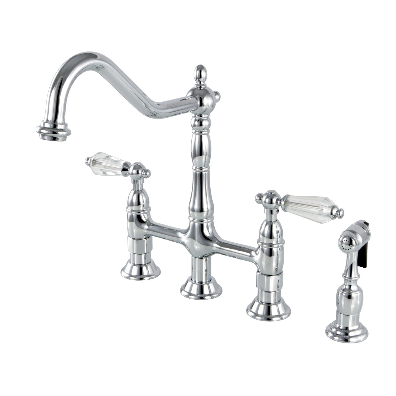 Kingston Heirloom KS1271WLLBS - Wilshire Robinet de cuisine à deux poignées 4 trous montage sur plage Bridge avec pulvérisateur en laiton, chrome poli