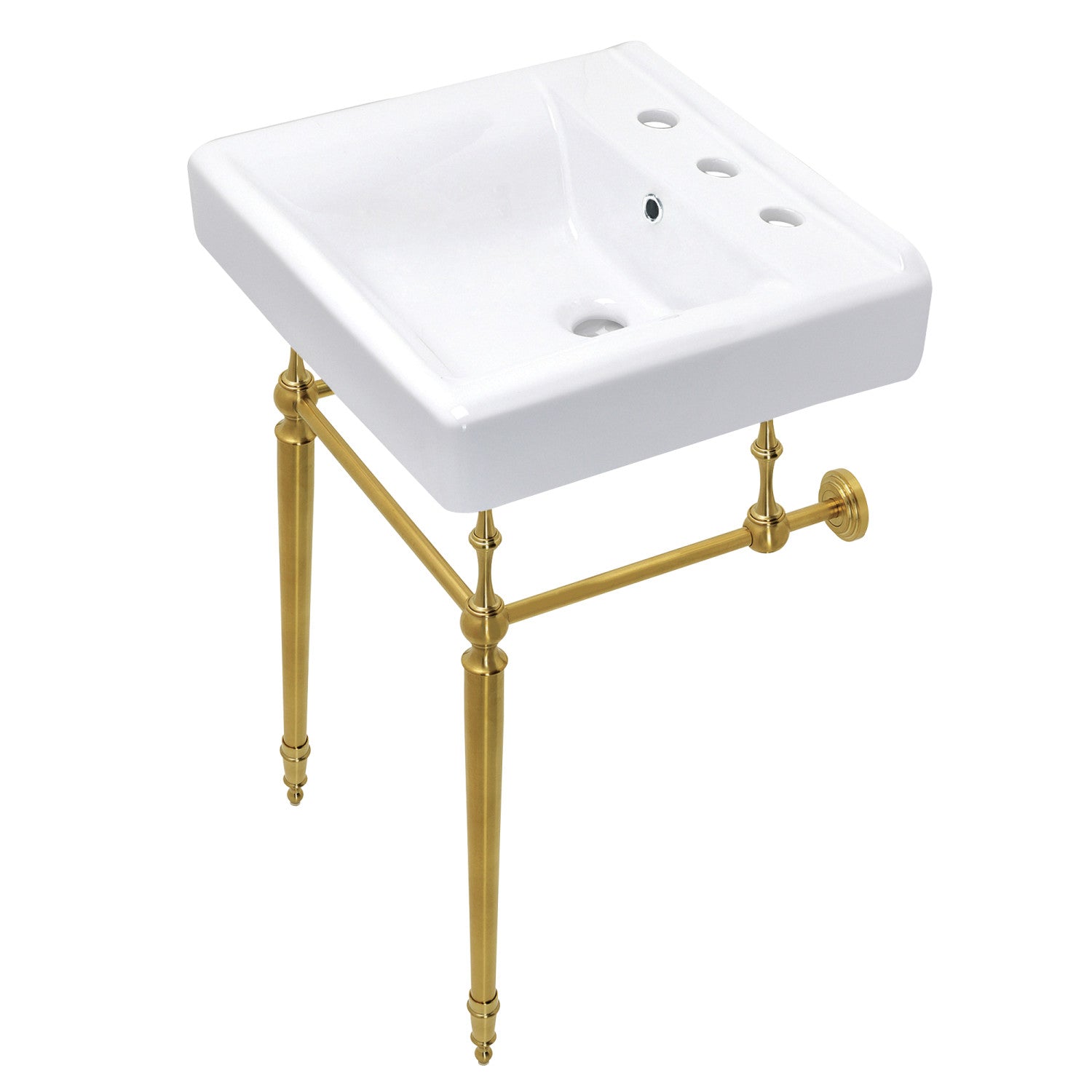 Kingston Heirloom KVPB2018W87 - Edwardian 20-Inch Porcelain Console Sink with Brass Legs (8-Inch, 3-Hole), White/Brushed Brass