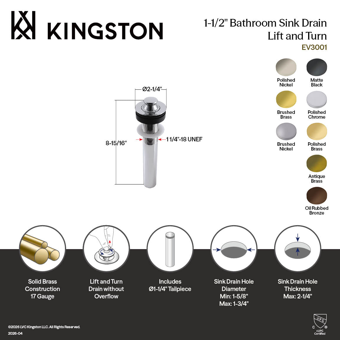 Kingston Heirloom EV3008 - Trimscape Brass Lift and Turn Bathroom Sink Drain without Overflow, 17 Gauge, Brushed Nickel