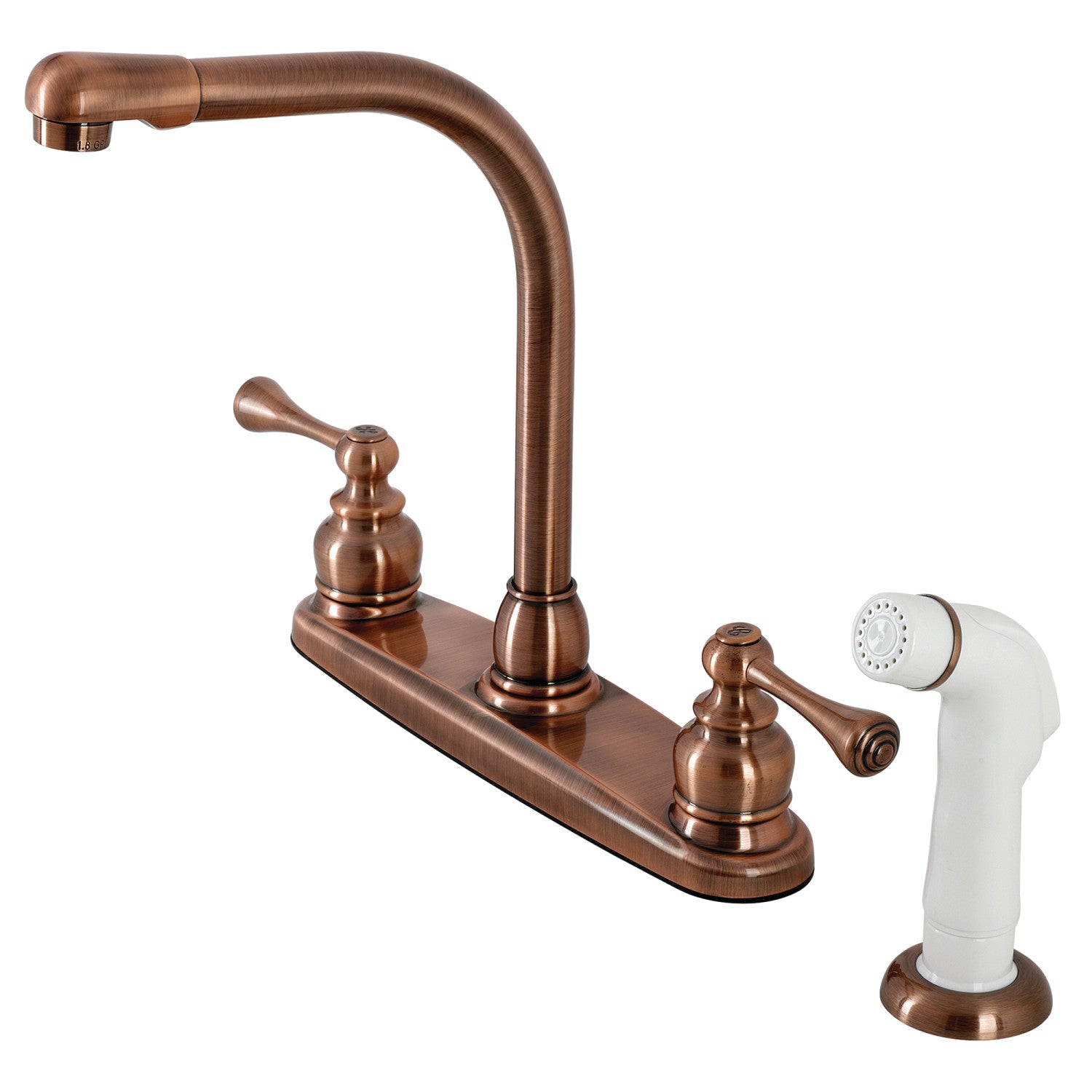 Kingston Tulare KB716BL Robinet de cuisine à deux poignées 4 trous 8" Centerset avec pulvérisateur latéral, cuivre antique