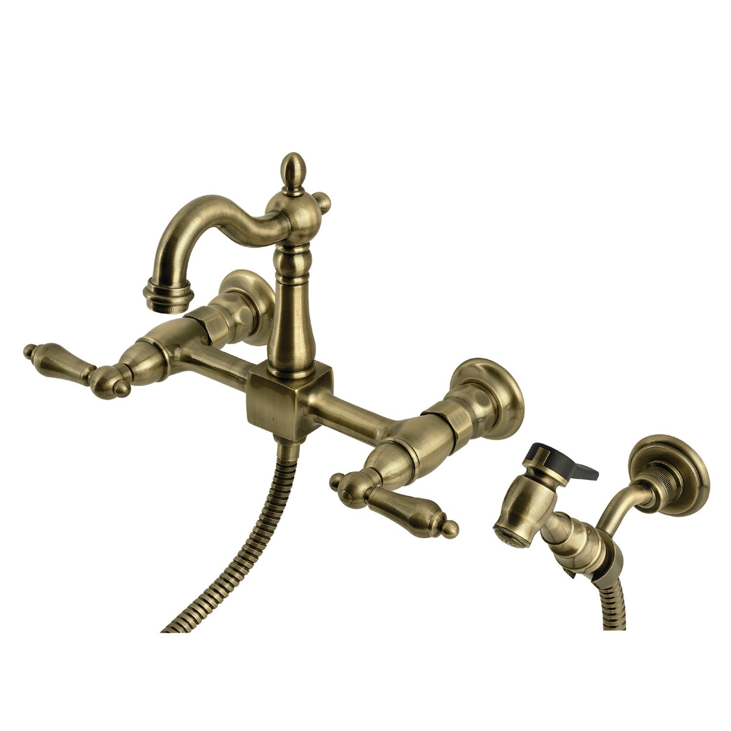 Kingston Heirloom KS2443ALBS - Robinet de cuisine à double poignée Heritage 3 trous Wall Mount Bridge avec pulvérisateur en laiton, laiton antique