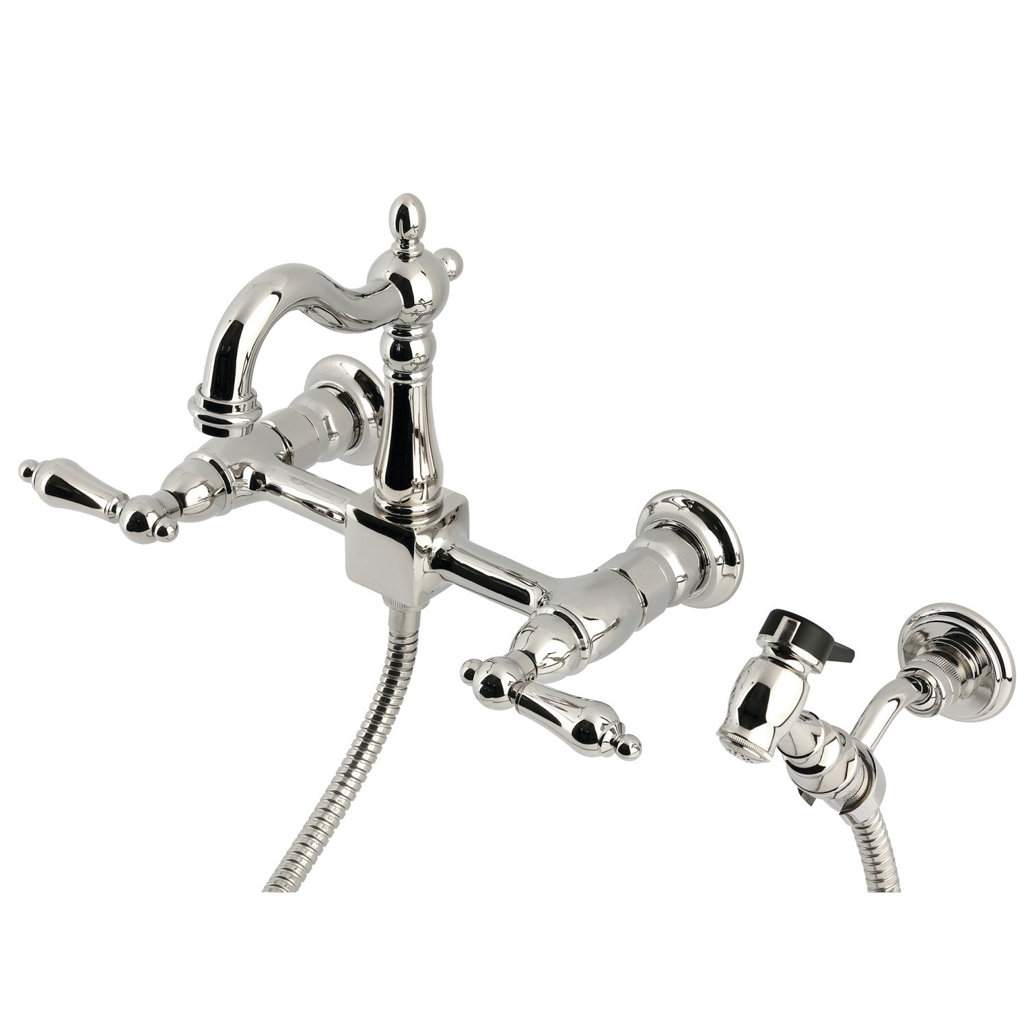 Kingston Heirloom KS2446ALBS - Robinet de cuisine à deux poignées Heritage 3 trous avec pulvérisateur en laiton, nickel poli