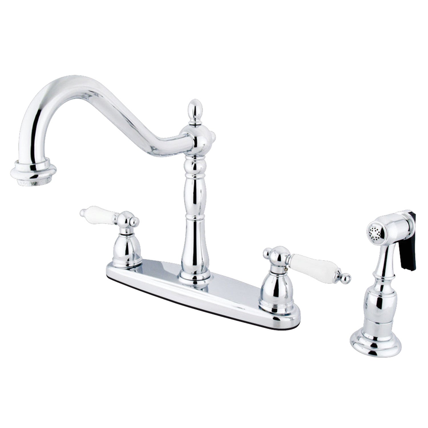 Kingston Heirloom KB1751PLBS - Robinet de cuisine central à deux poignées Heritage 4 trous 8" avec pulvérisateur en laiton, chrome poli