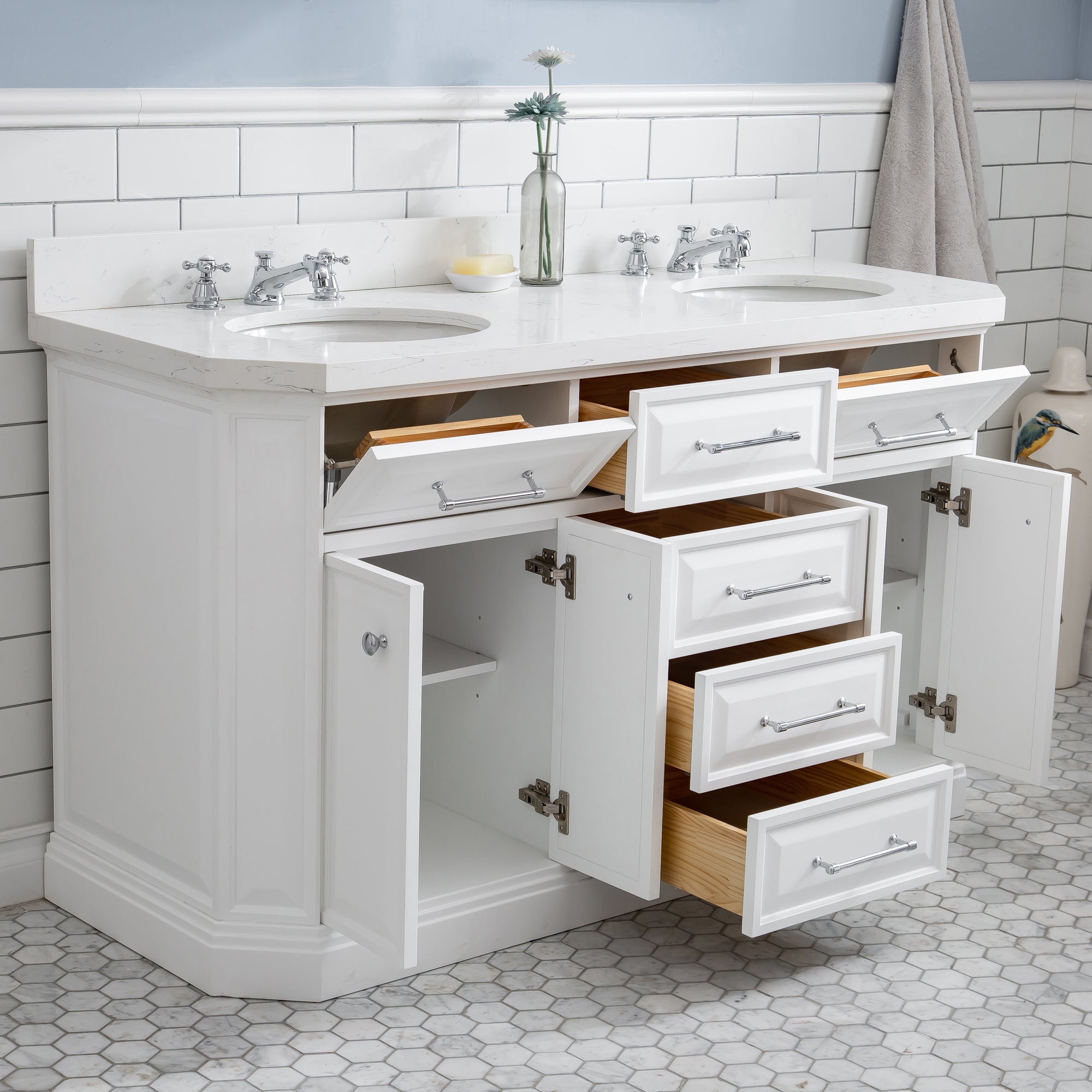 Kingston Luxe PA60QZ01PW - 60 in. x 22 in. Bathroom Vanity Quartz Top and White Basin, Pure White