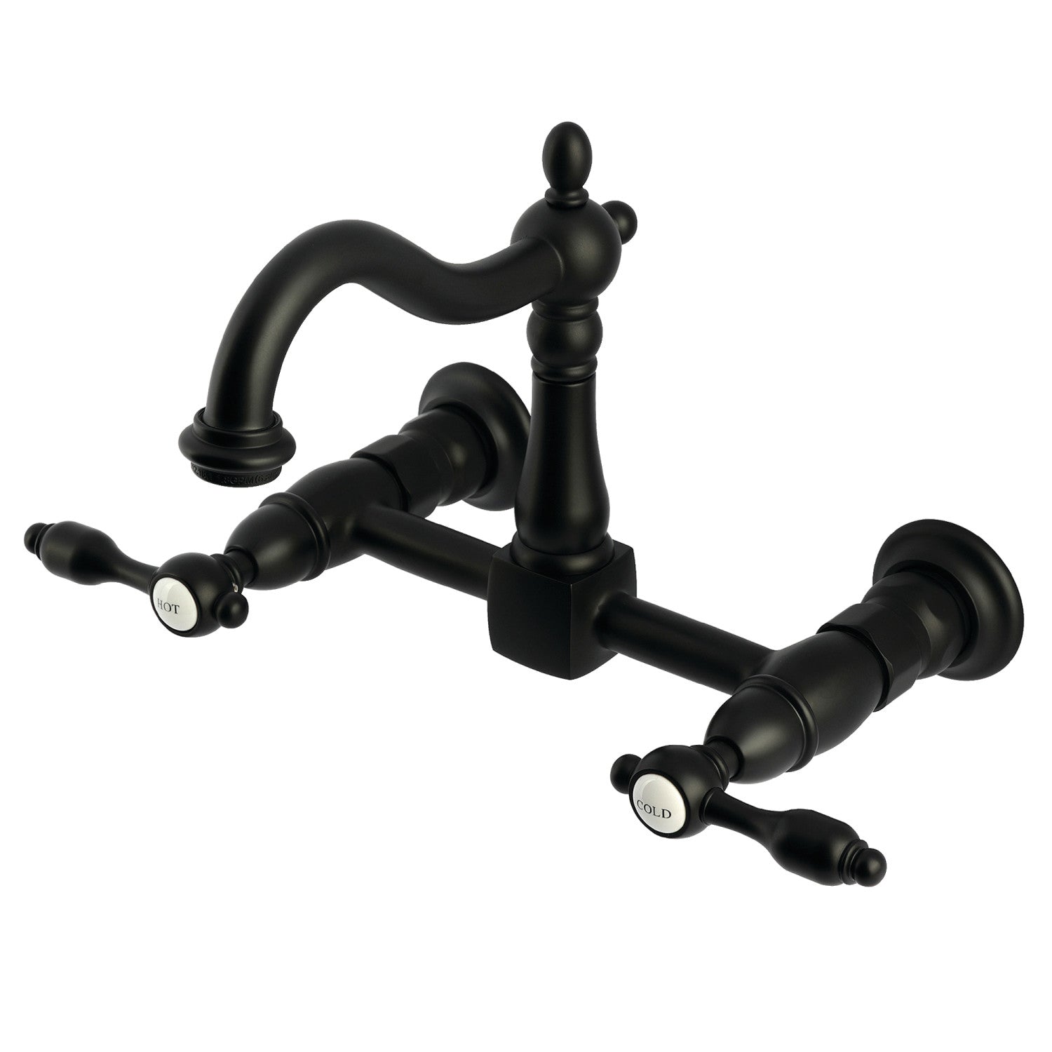 Kingston Heirloom KS1260TAL - Robinet de cuisine à deux poignées Tudor 2 trous Wall Mount Bridge, noir mat