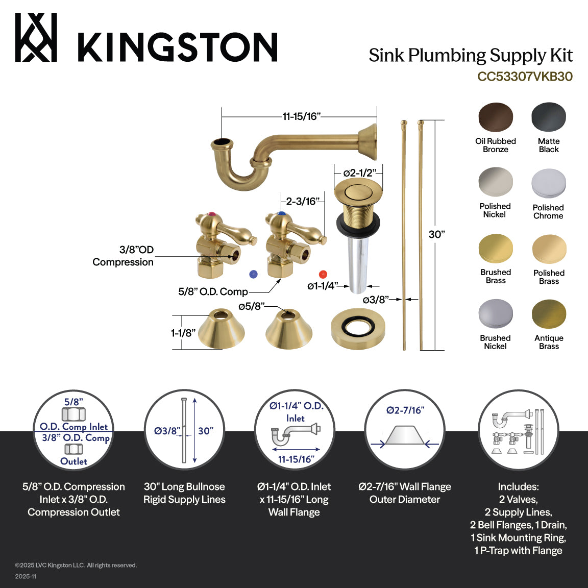 Kingston Heirloom CC53300VKB30 - Trimscape Traditional Plumbing Sink Trim Kit with P-Trap and Drain, Matte Black