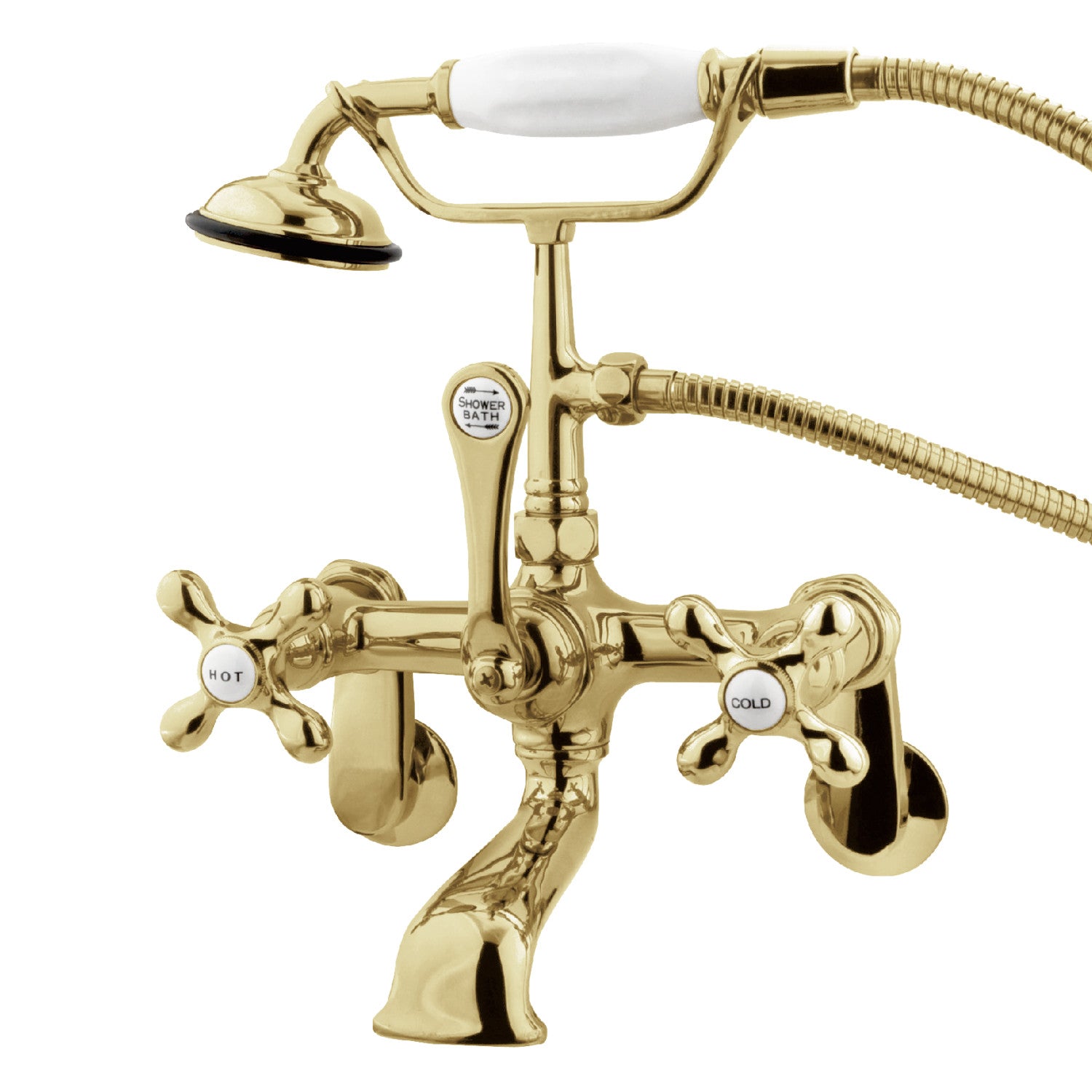 Kingston Heirloom CC57T2 - Robinet de baignoire mural à trois poignées vintage 2 trous avec douche à main, laiton poli
