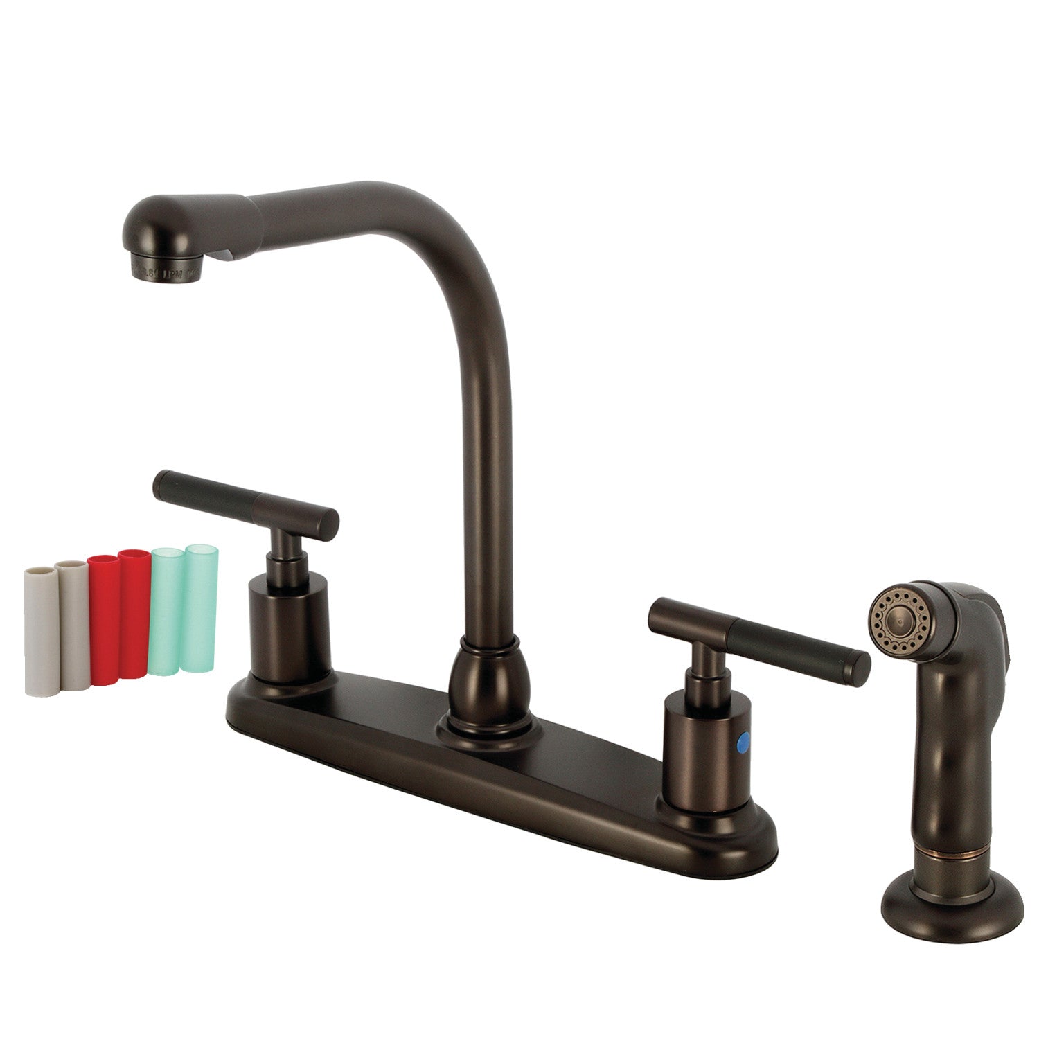Kingston Tulare FB755CKLSP - Robinet de cuisine central à deux poignées Kaiser 4 trous 8" avec pulvérisateur latéral, bronze frotté à l'huile