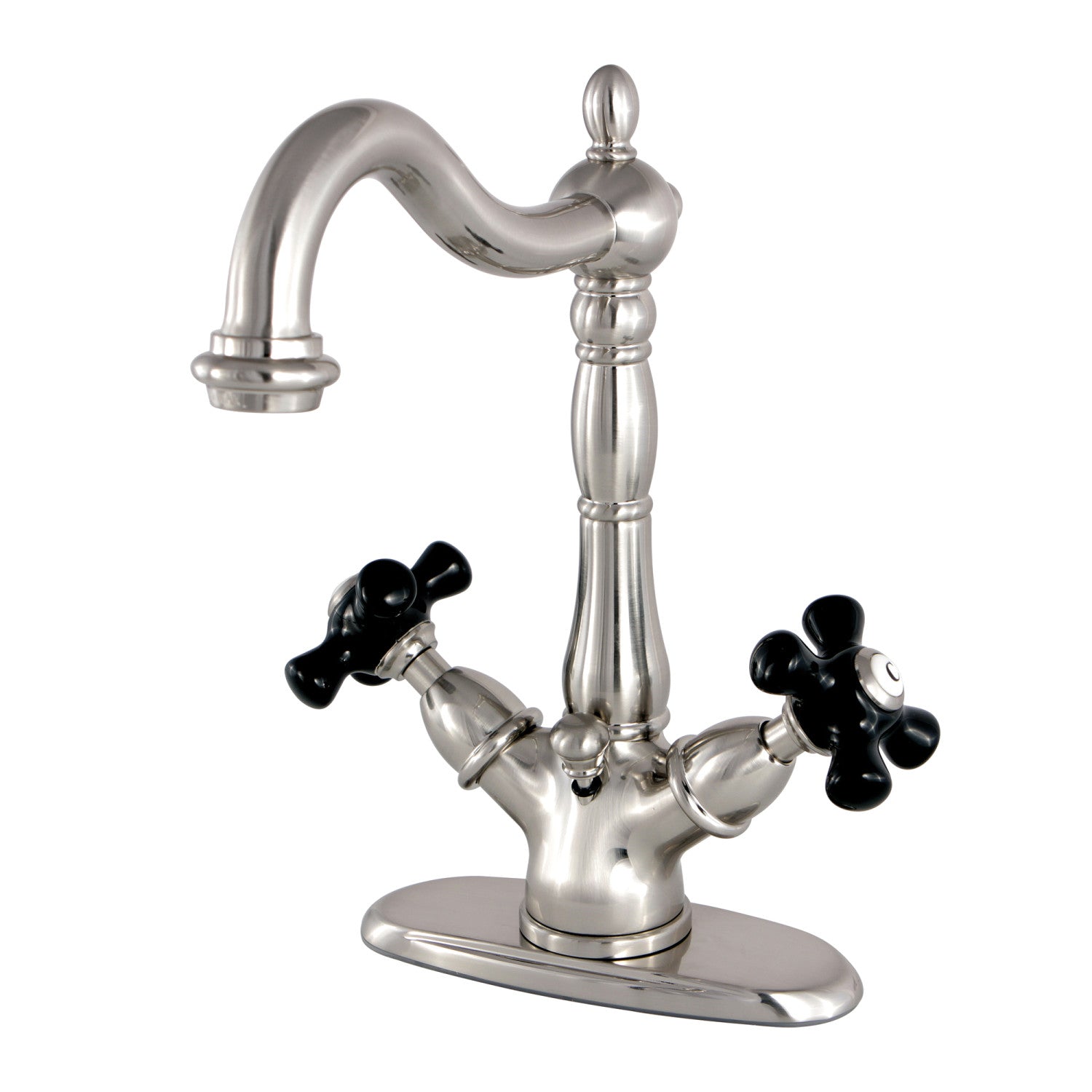 Kingston Heirloom KS1438PKX - Duchesse Double-poignée 1-or-3 Trou montage sur plage 4-Inch Centerset Robinet de salle de bains avec laiton à tirette, Nickel brossé
