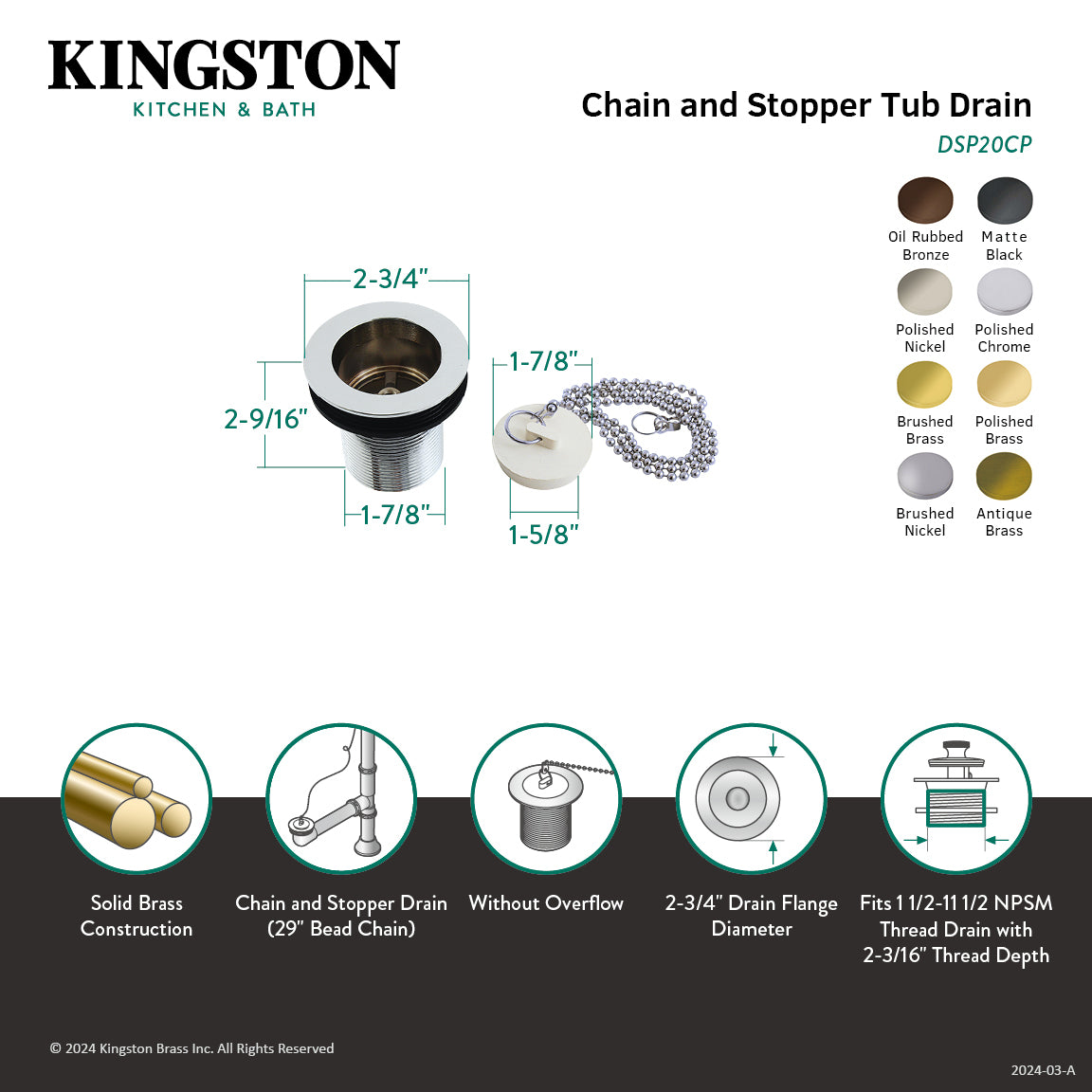 Kingston Heirloom DSP20AB - Made To Match 1-1/2-Inch Chain and Stopper Tub Drain with 2-Inch Body Thread, Antique Brass