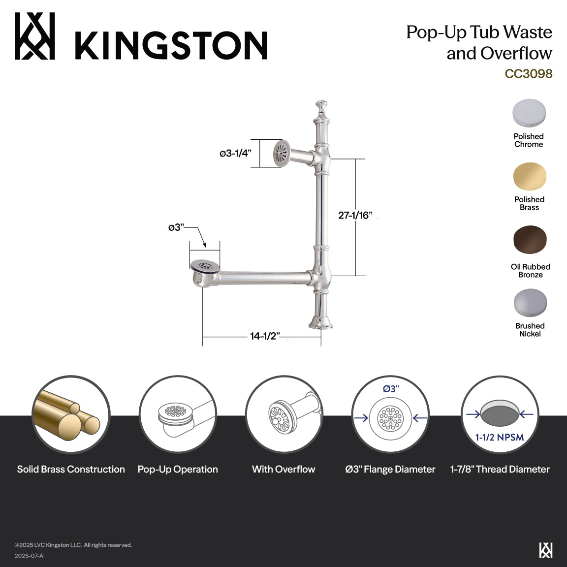 Kingston Heirloom CC3091 - Vintage Brass Pop-Up Tub Waste and Overflow, Polished Chrome