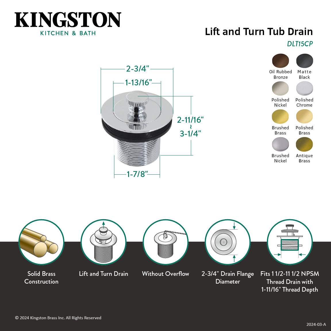 Kingston Heirloom DLT15AB - Made To Match 1-1/2-Inch Lift and Turn Tub Drain with 1-1/2-Inch Body Thread, Antique Brass
