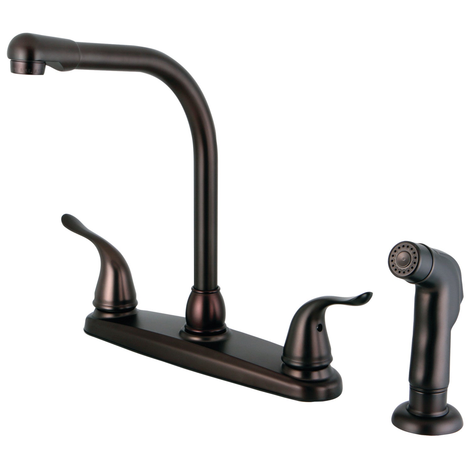 Kingston Tulare FB2755YLSP - Robinet de cuisine à deux poignées Yosemite 4 trous 8" avec pulvérisateur latéral, bronze frotté à l'huile