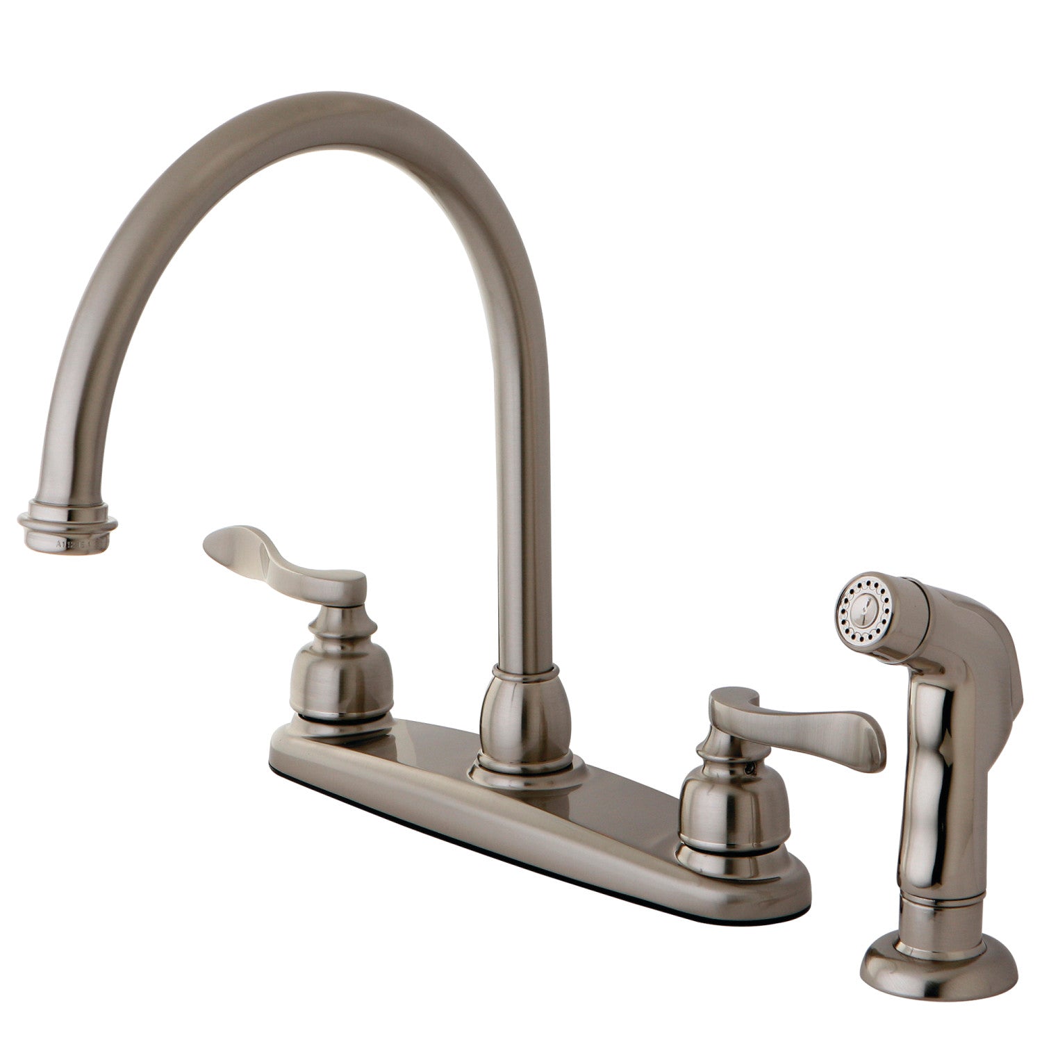 Kingston Tulare KB8798NFLSP - NuWave Robinet de cuisine à deux poignées français 4 trous 8" avec pulvérisateur latéral, nickel brossé