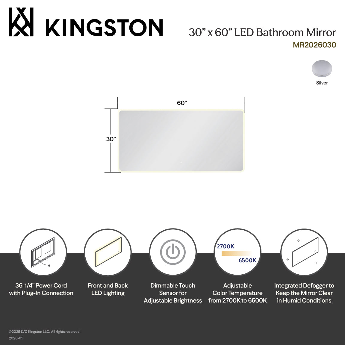 Kingston Aurora MR2026030 30-Inch x 60-Inch LED Bathroom Mirror, Front and Back Light, Anti-Fog, Dimmable Touch Sensor Lighted Mirror, Silver