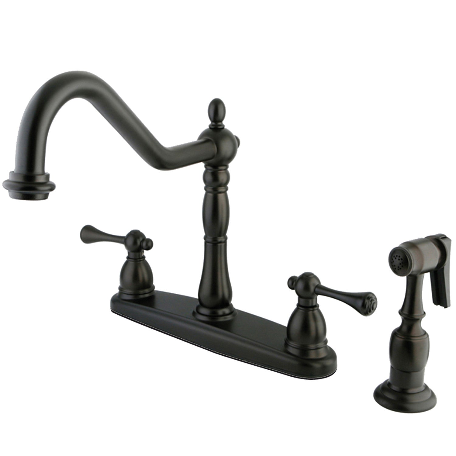 Kingston Heirloom KB7755BLBS - Robinet de cuisine à deux poignées vintage anglais 4 trous 8" avec pulvérisateur en laiton, bronze frotté à l'huile
