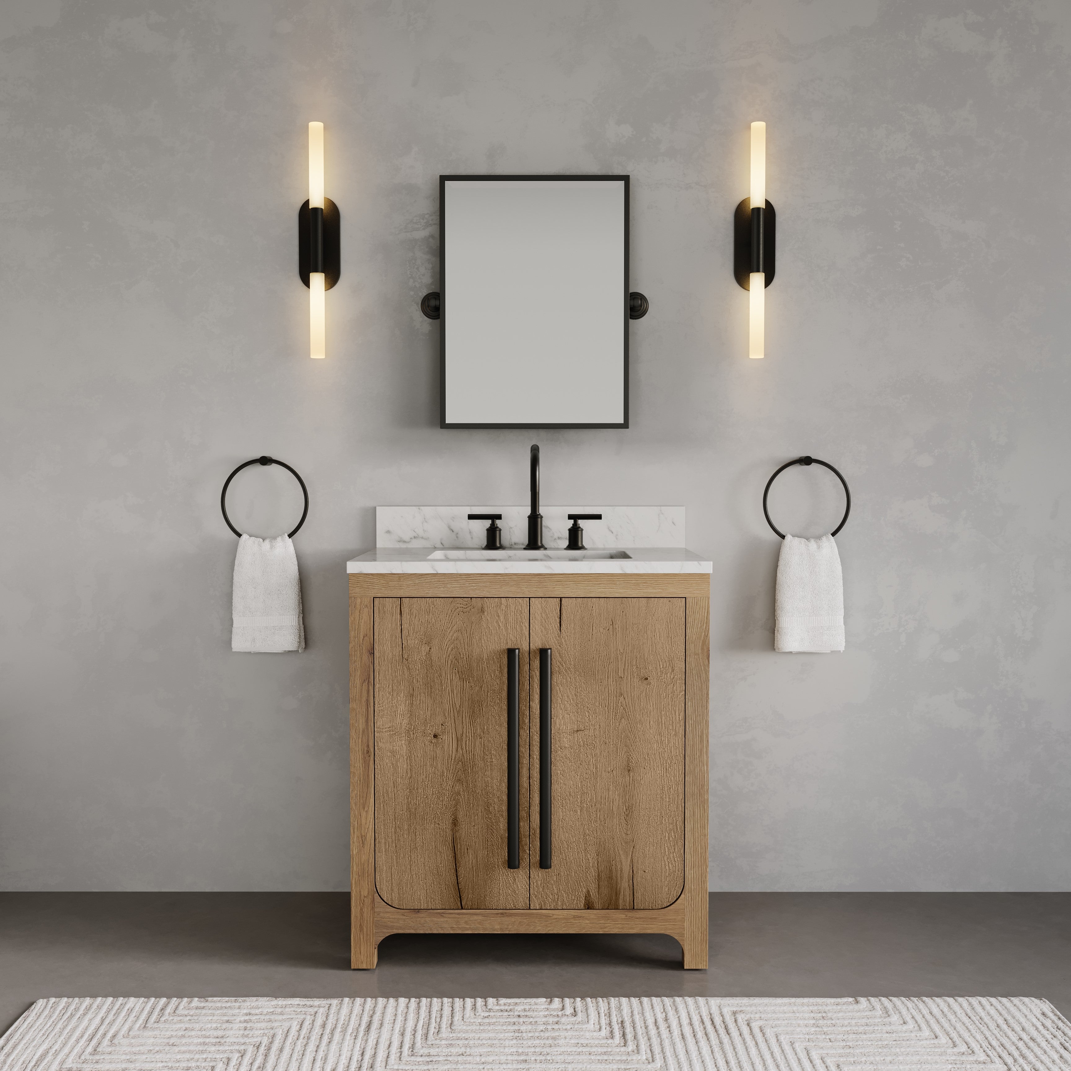 Kingston Luxe PE30EM07WO - 30 in. x 22 in. Bathroom Vanity Single Sink with Carrara White Engineered Stone Top, Weathered Oak