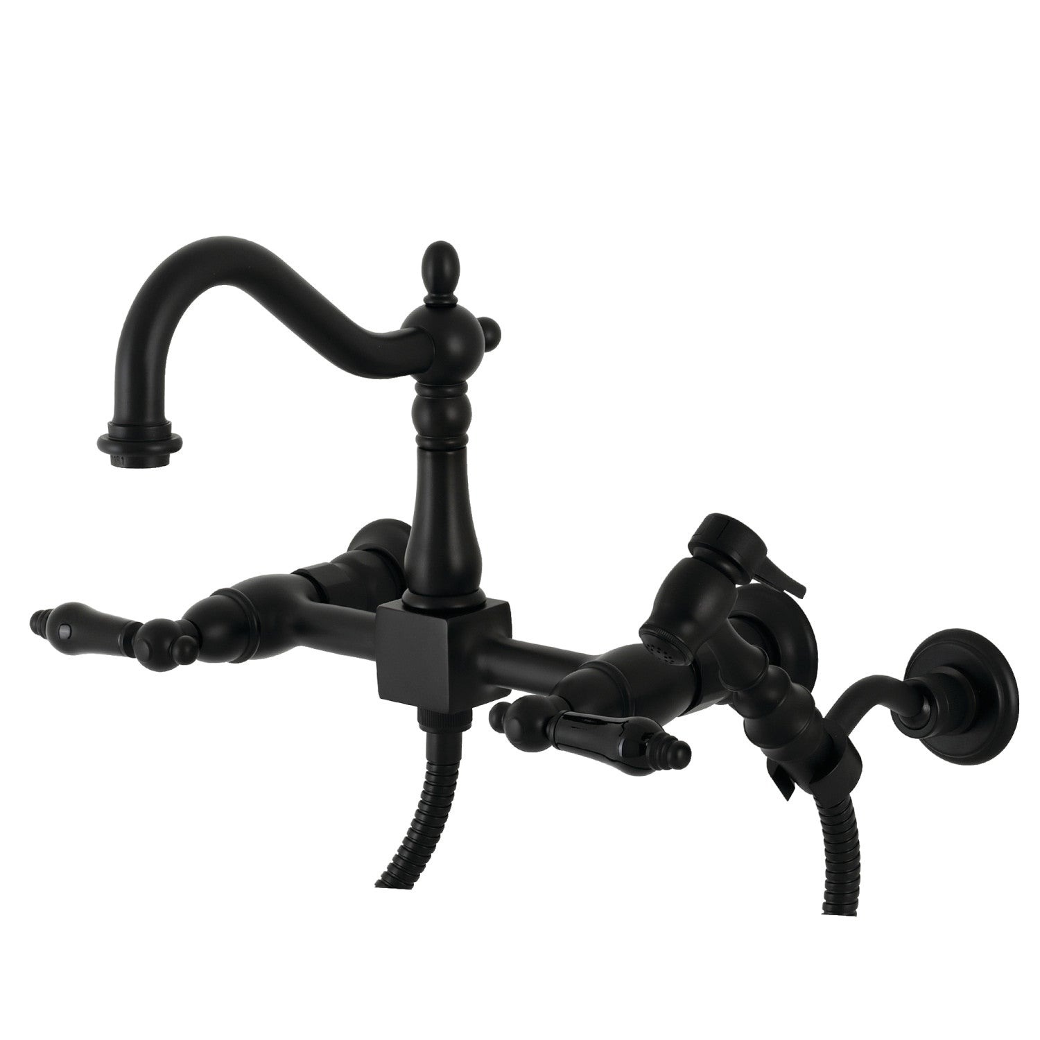 Kingston Heirloom KS1260PKLBS - Robinet de cuisine à deux poignées 3 trous Wall Mount Bridge avec pulvérisateur en laiton, noir mat