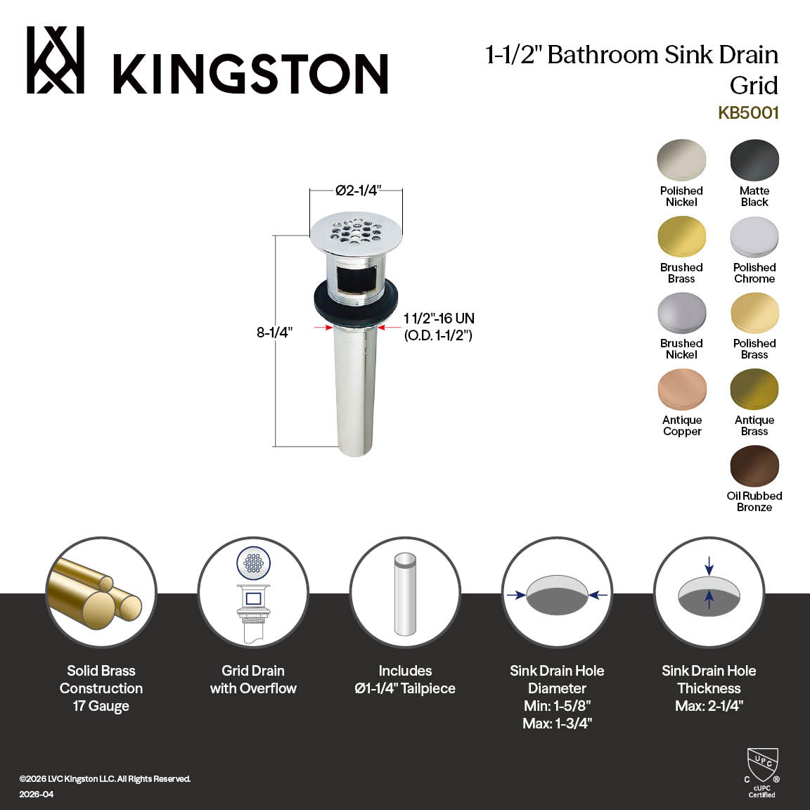 Kingston Trimscape KB5000MB Brass Grid Bathroom Sink Drain with Overflow, 17 Gauge, Matte Black