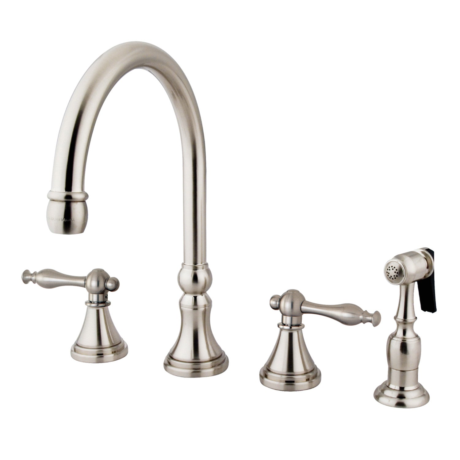 Kingston Tulare KS2798NLBS - Robinet de cuisine à double poignée 4 trous avec pulvérisateur en laiton, nickel brossé