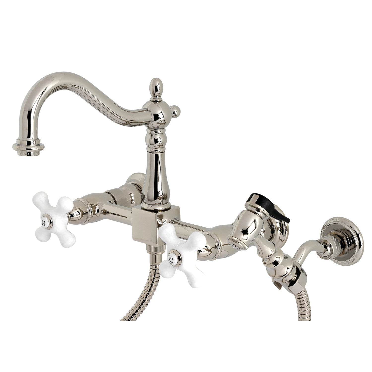 Kingston Heirloom KS1266PXBS - Robinet de cuisine à deux poignées Heritage 3 trous avec pulvérisateur en laiton, nickel poli