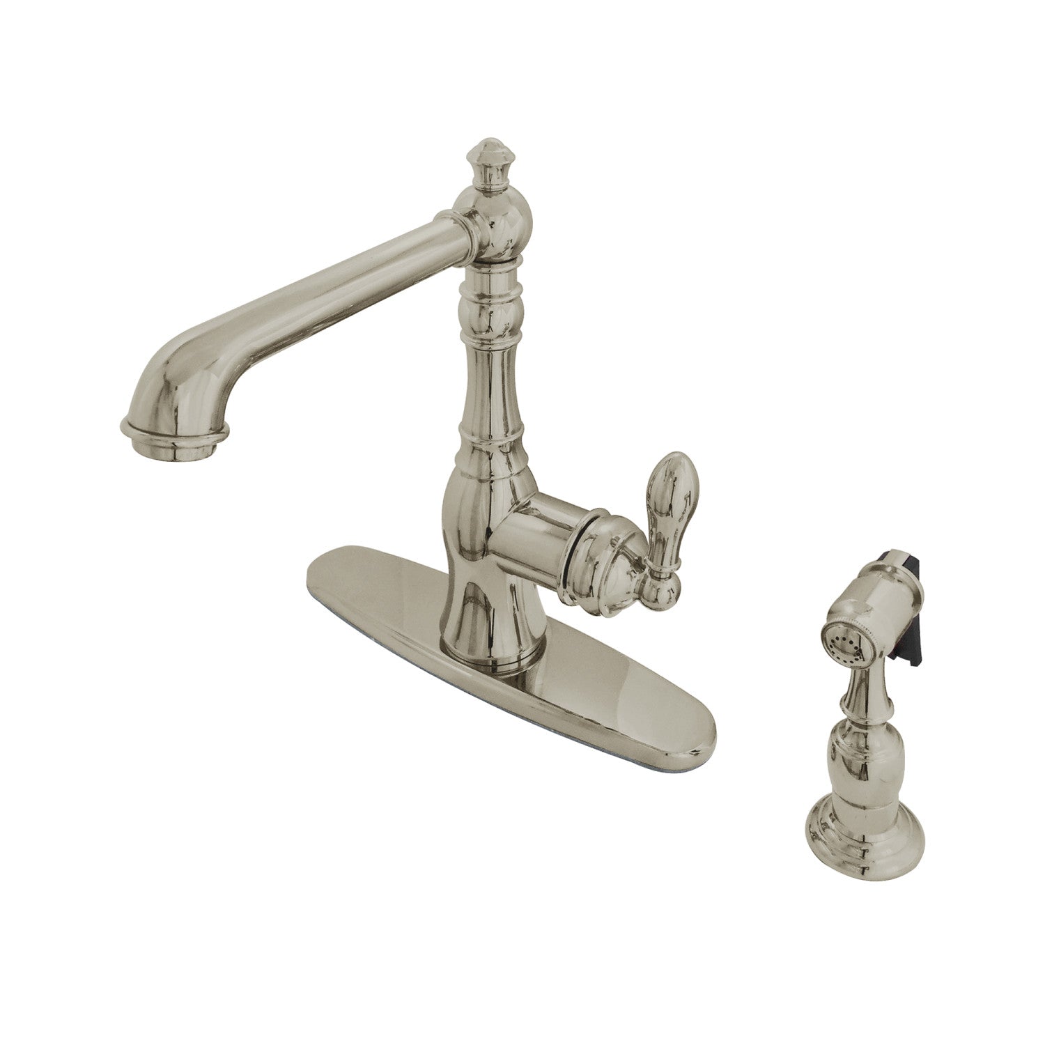 Kingston Heirloom GSY7208ACLBS - Robinet de cuisine américain classique à une poignée 2-or-4 avec pulvérisateur en laiton, nickel brossé