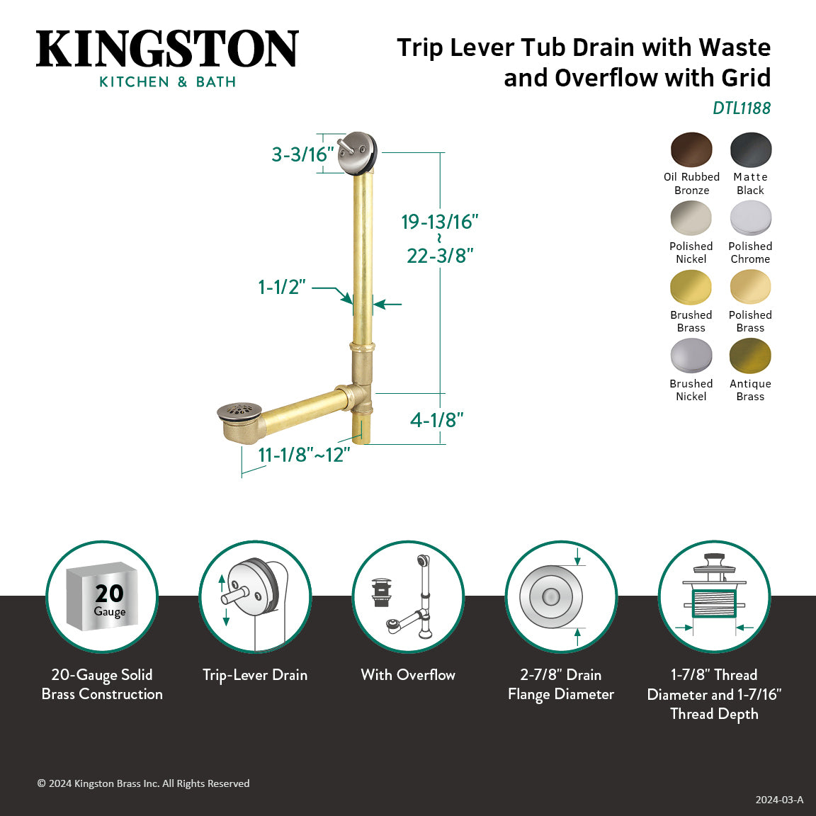 Kingston Tulare DTL1186 - Made To Match 23-Inch Brass Trip Lever Tub Waste and Overflow with Grid Strainer, Polished Nickel