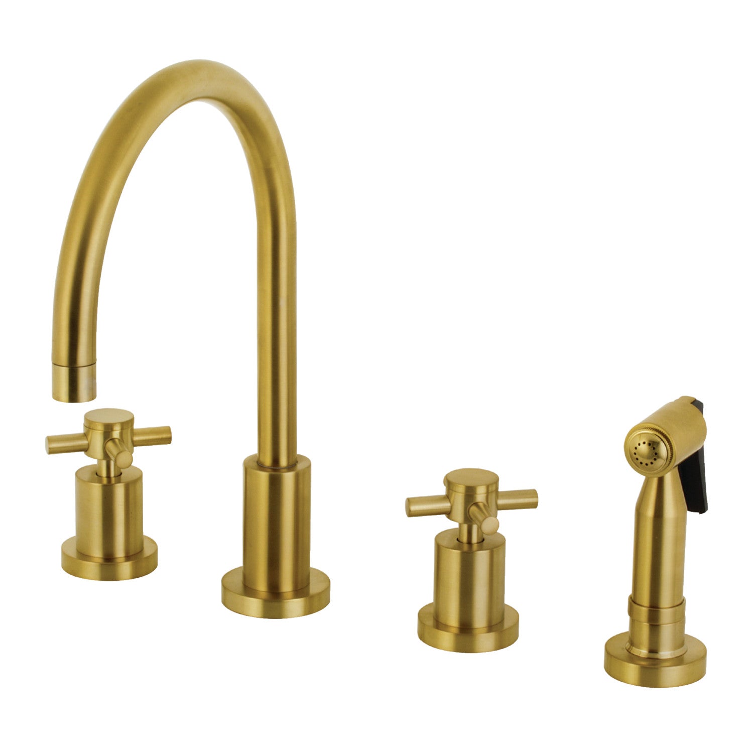 Kingston Sona KS8727DXBS - Concord Double-Handle 4-Hole Widespread Kitchen Faucet with Brass Sprayer, Brushed Brass