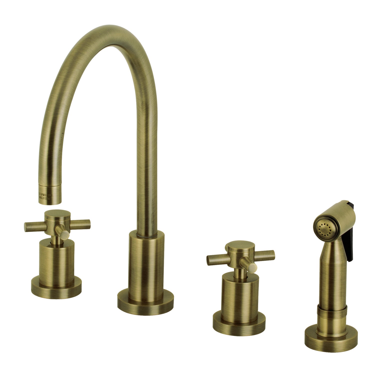 Kingston Sona KS8723DXBS - Robinet de cuisine à double poignée Concord 4 trous avec pulvérisateur en laiton, laiton antique