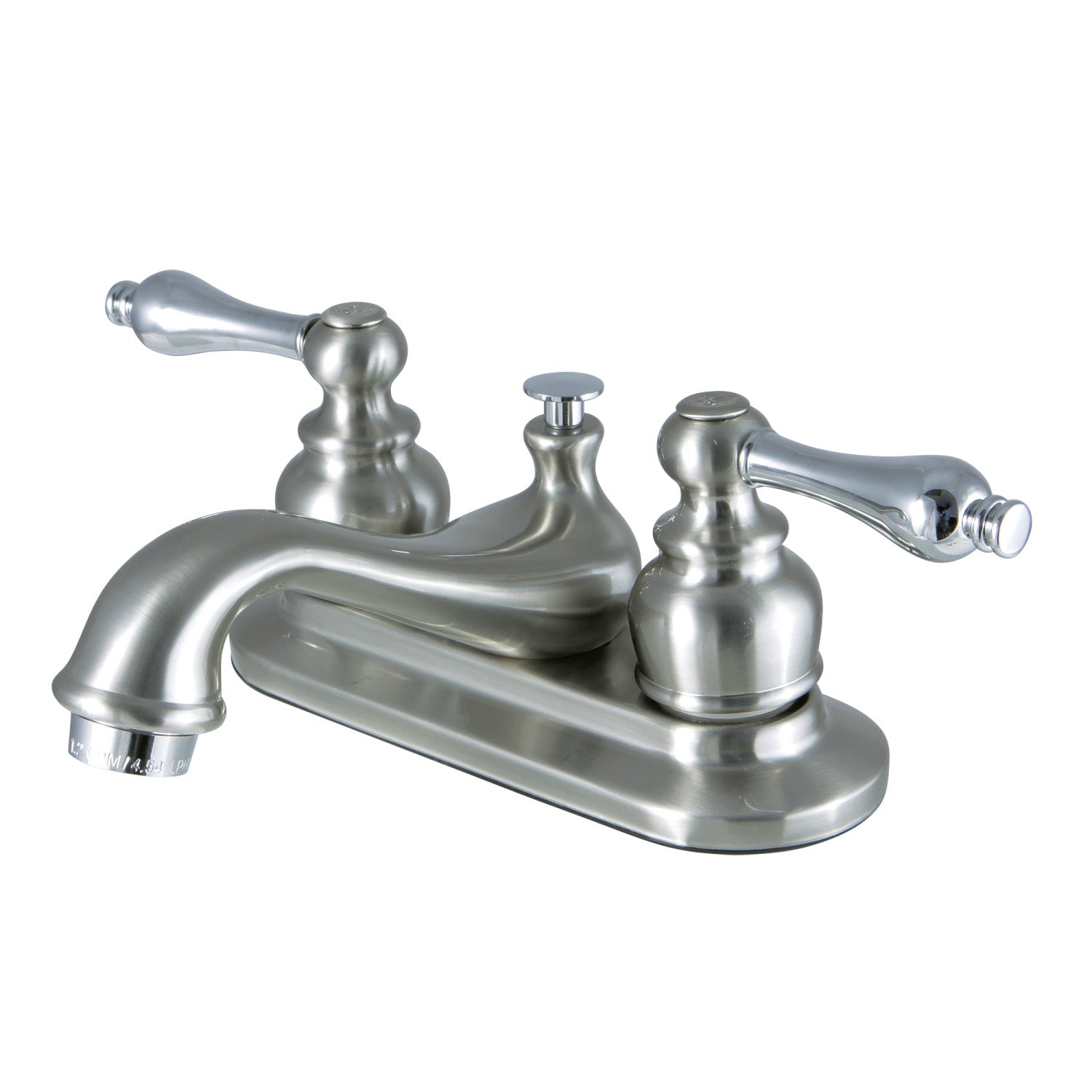 Kingston Heirloom KB607ALB - Restoration Double-Handle 3 trous montage sur plage 4-Inch Centerset Robinet de salle de bains avec laiton à tirette, Nickel brossé / Chrome poli