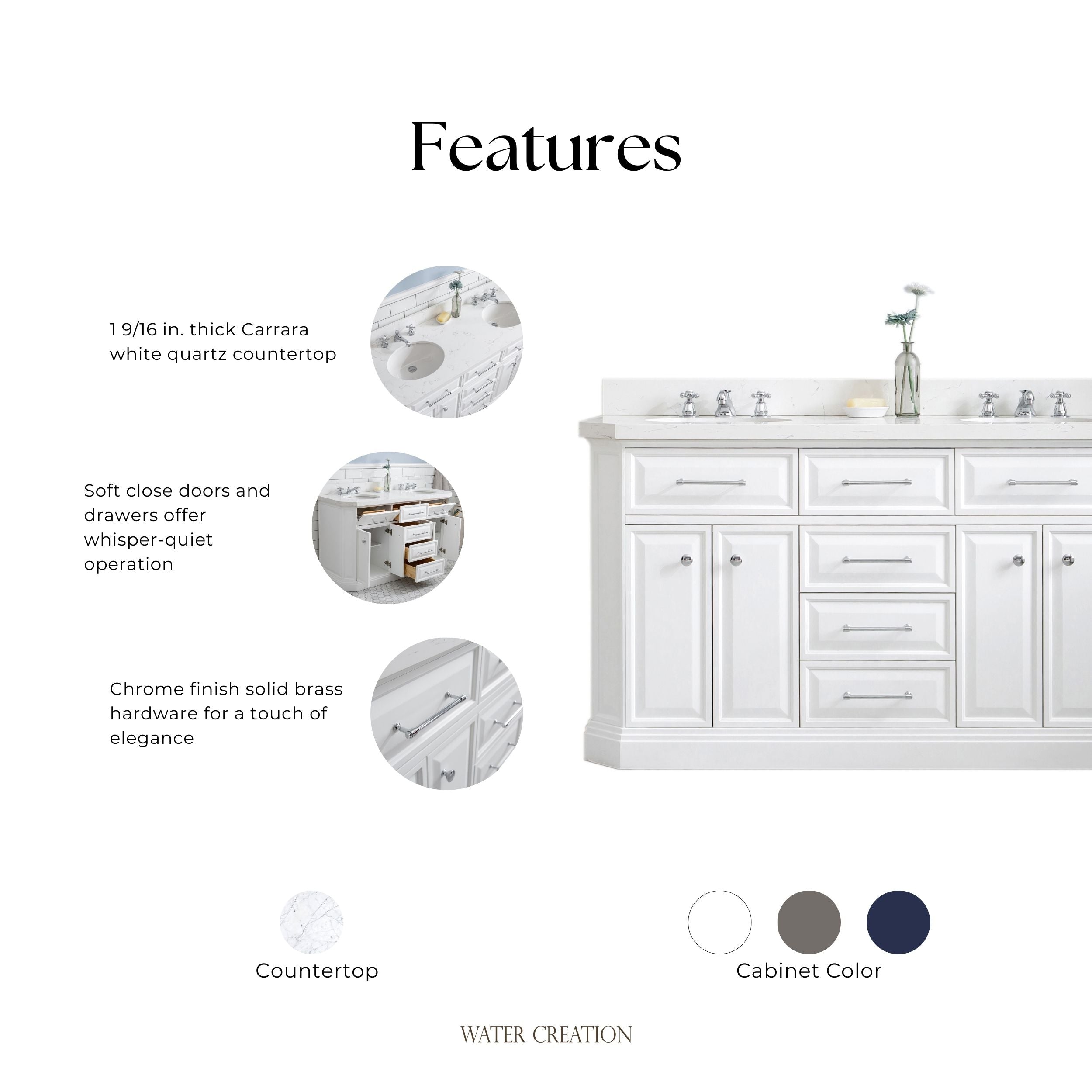 Kingston Luxe PA60QZ01PW - 60 in. x 22 in. Bathroom Vanity Quartz Top and White Basin, Pure White