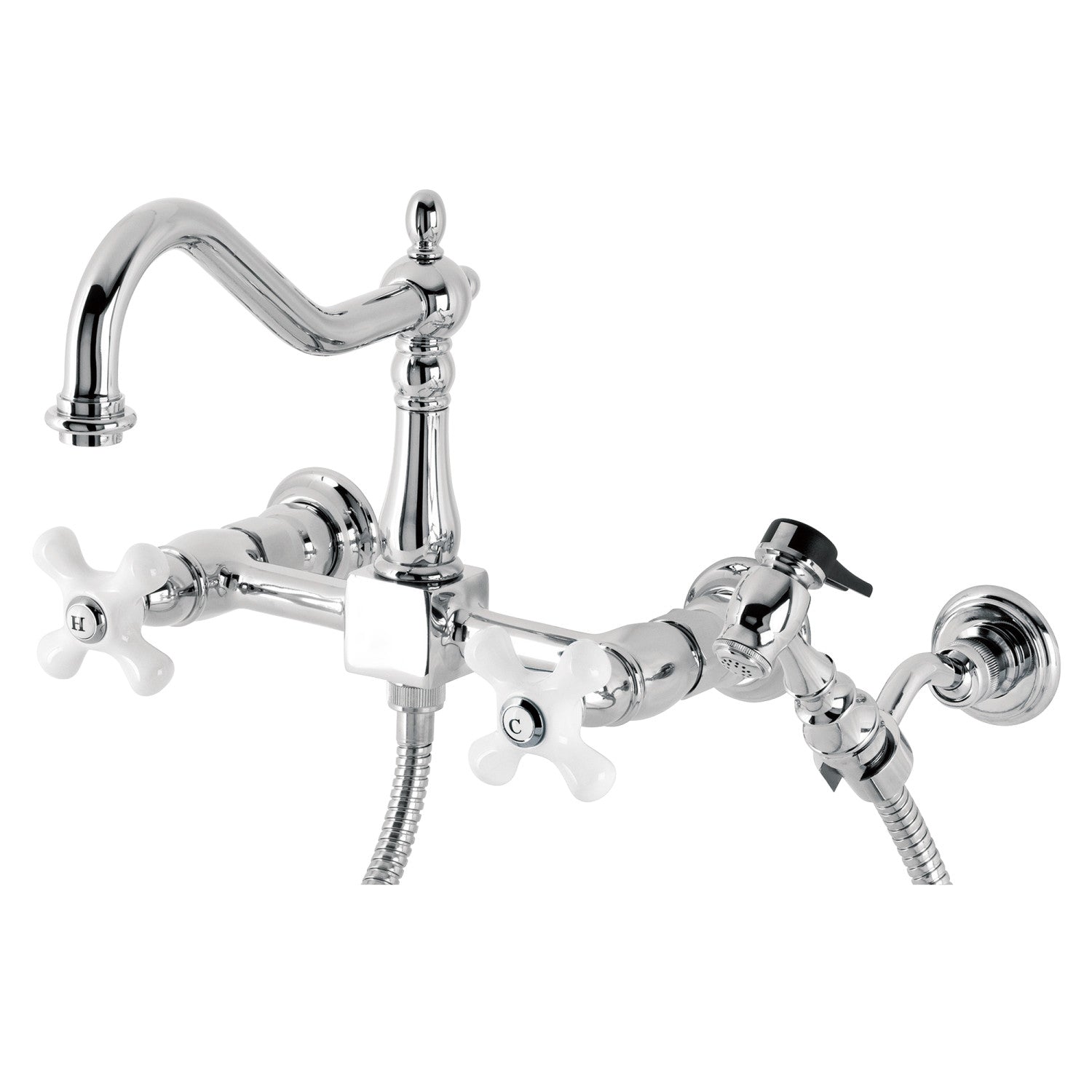 Kingston Heirloom KS1241PXBS - Robinet de cuisine à deux poignées Heritage 3 trous avec pulvérisateur en laiton, chrome poli