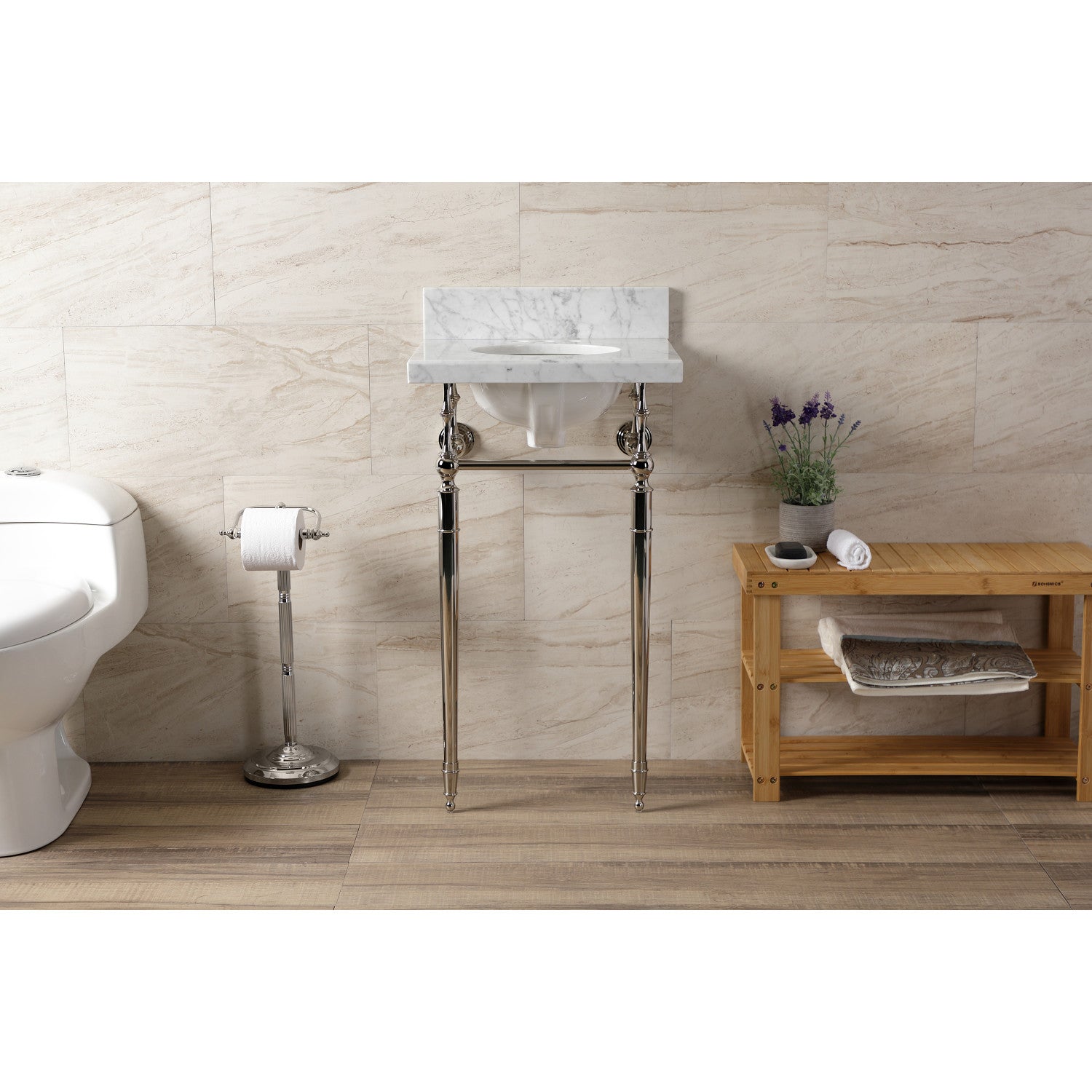 Kingston Heirloom KVPB1917M346ST - Edwardian 19-Inch Carrara Marble Console Sink with Brass Legs (4-Inch, 3-Hole), Carrara Marble White/Polished Nickel