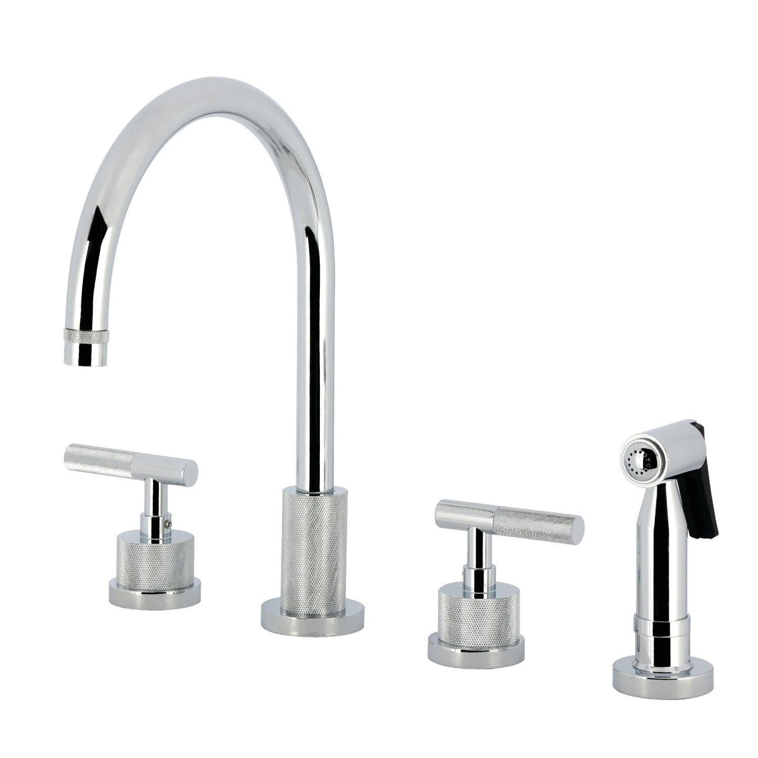 Kingston Sona KS8721KNLBS - Robinet de cuisine à double poignée convergente 4 trous avec poignée moletée 4 trous et pulvérisateur en laiton, chrome poli