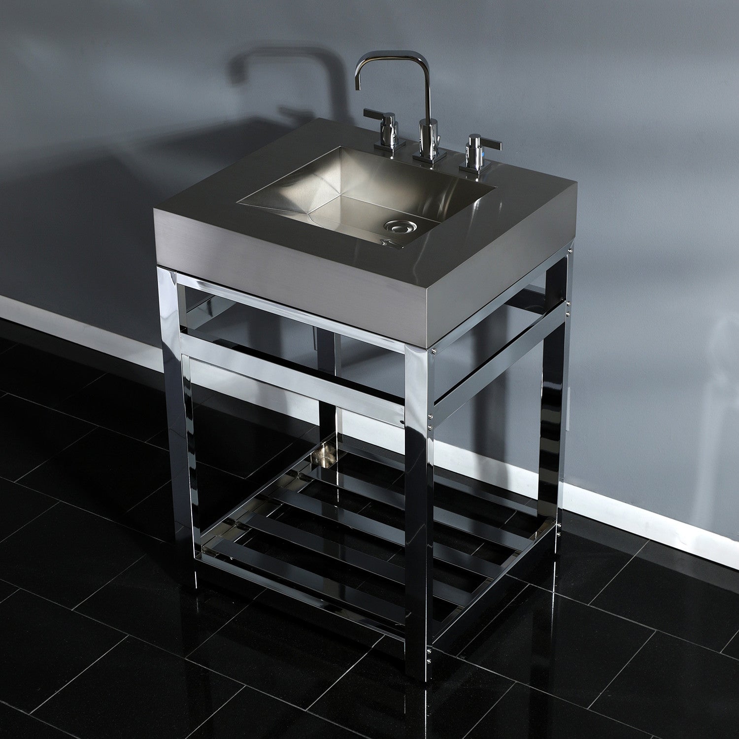 Kingston Sona KVSP2522A1 - Kingston Commercial 25-Inch Stainless Steel Console Sink with Steel Base (8-Inch, 3-Hole), Brushed Stainless Steel/Polished Chrome