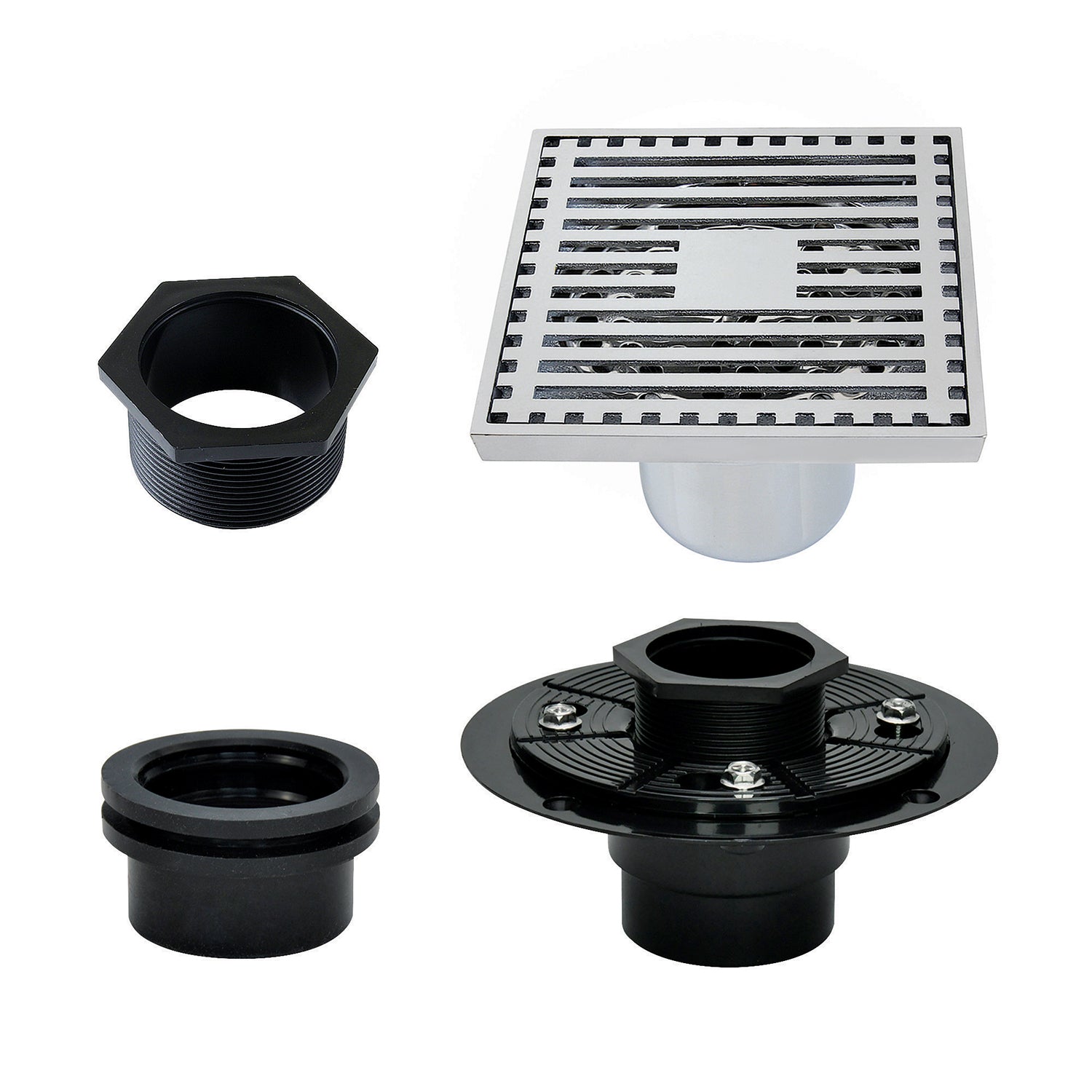 Kingston Watercourse BSFK4464C 4-Inch Brass Square Grid Shower Drain with Hair Strainer and Base Flange, Polished Chrome