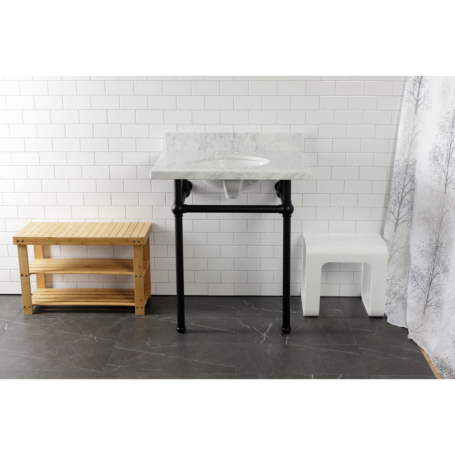 Kingston Heirloom KVPB30MB0 - Templeton 30-Inch Carrara Marble Vanity Top with Brass Legs (8-Inch, 3-Hole), Carrara Marble White/Matte Black