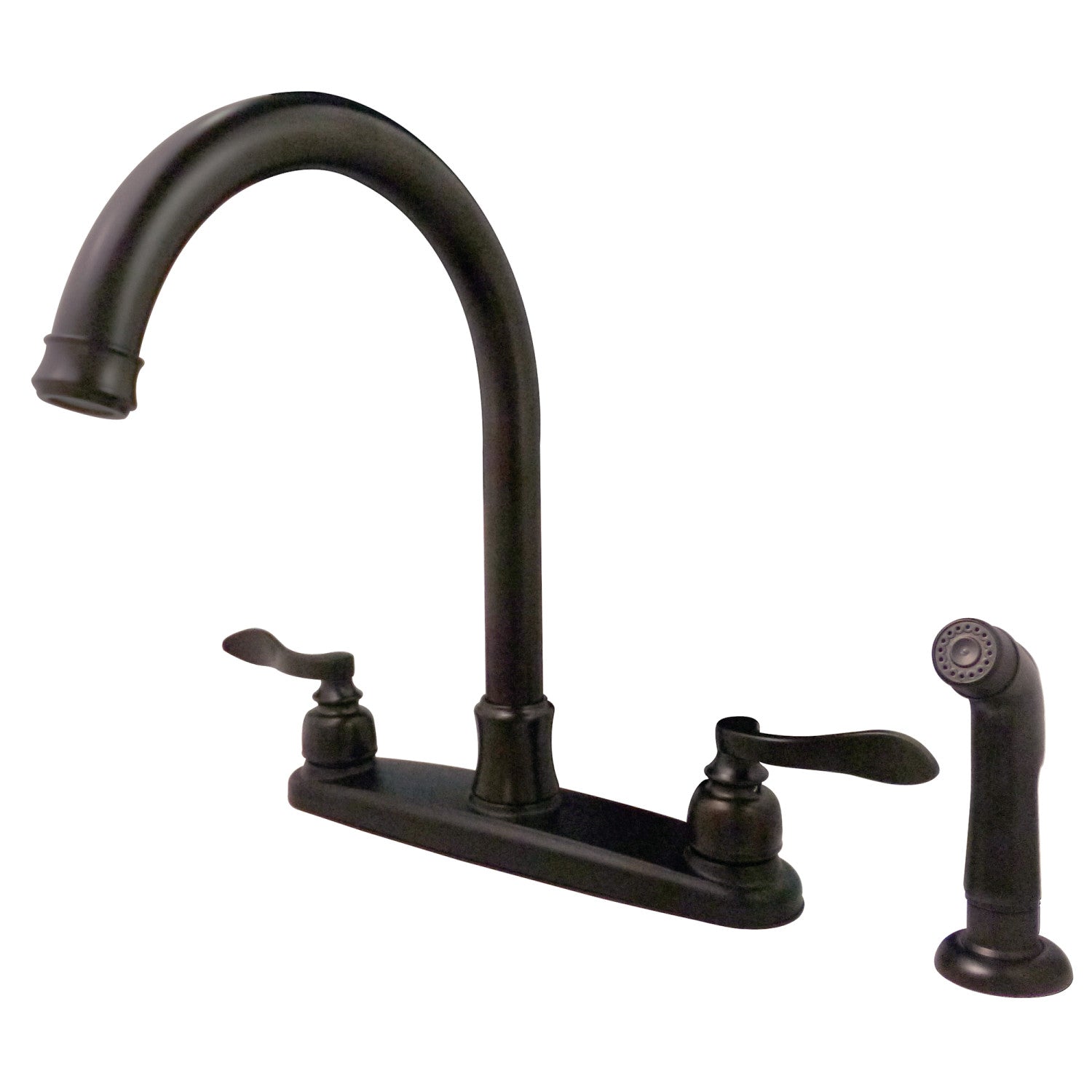 Kingston Tulare FB7795NFLSP - NuWave Robinet de cuisine à deux poignées français 4 trous 8" robinet de cuisine avec pulvérisateur latéral, bronze frotté à l'huile