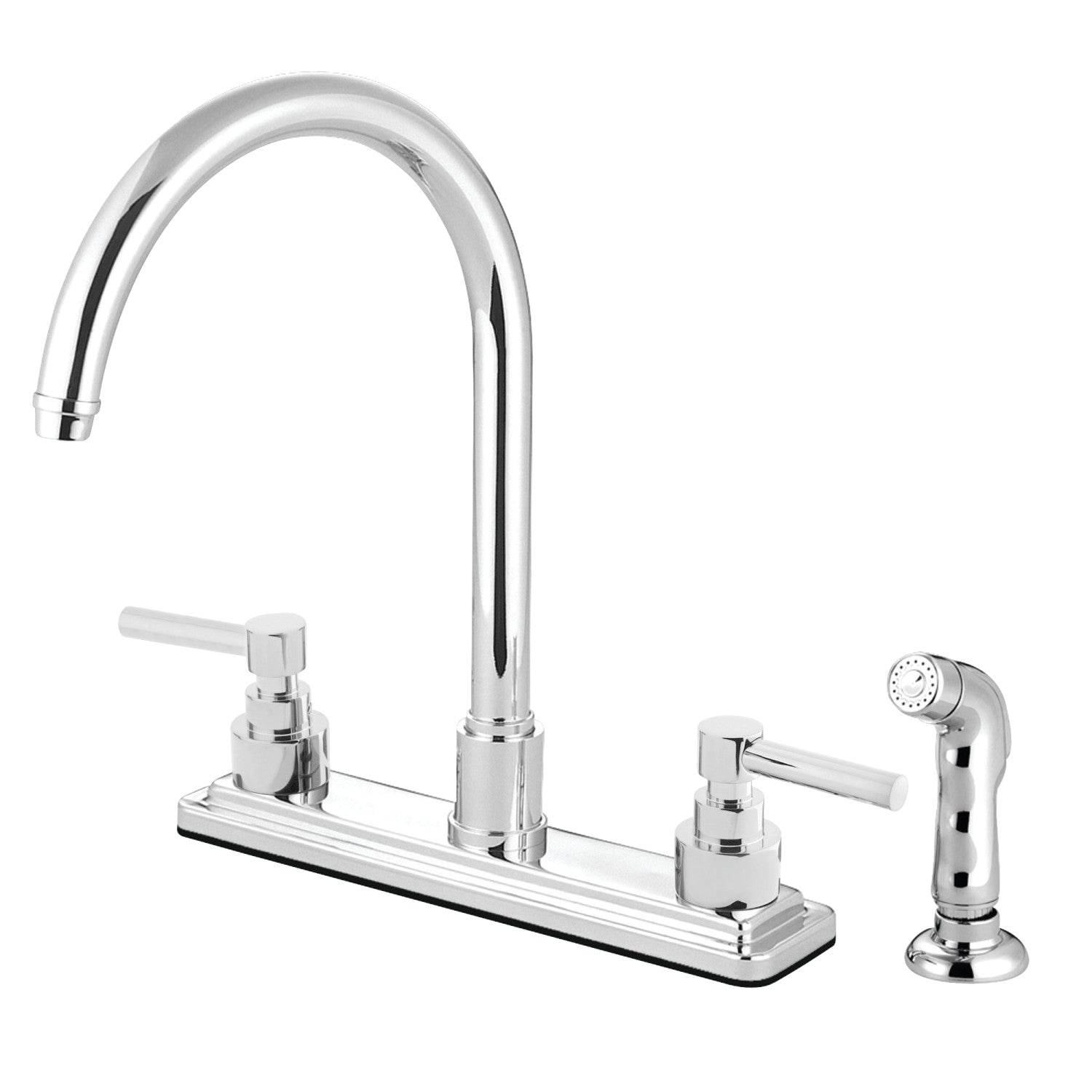 Kingston Tulare KS8791EL - Robinet de cuisine à deux poignées Elinvar 4 trous 8" avec pulvérisateur latéral, chrome poli