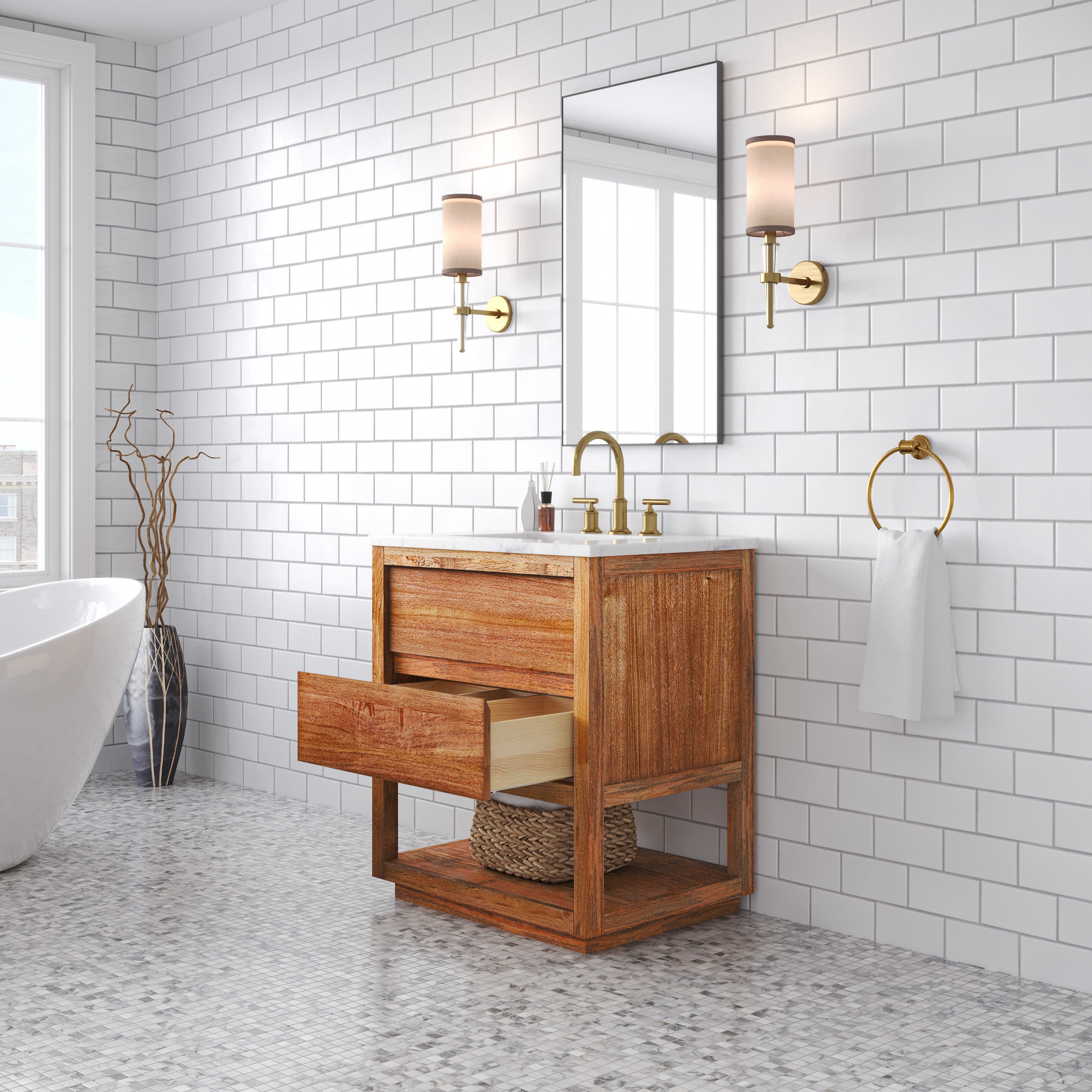Kingston Luxe OA30CW00MW - 30 in. x 22 in. Bathroom Vanity Single Sink with White Marble Top and White Basin, Mango Wood