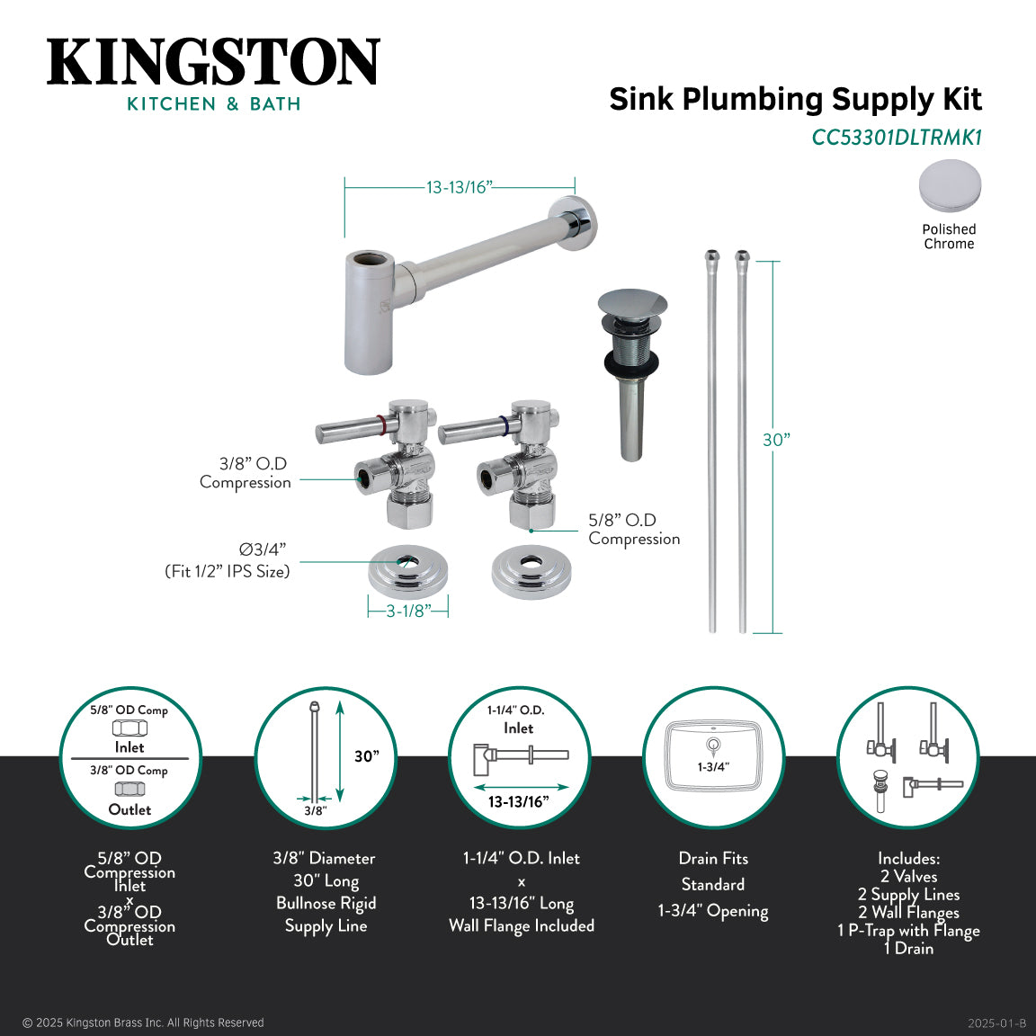 Kingston Sona CC53301DLTRMK1 - Trimscape Modern Plumbing Sink Trim Kit with Bottle Trap and Drain (No Overflow), Polished Chrome