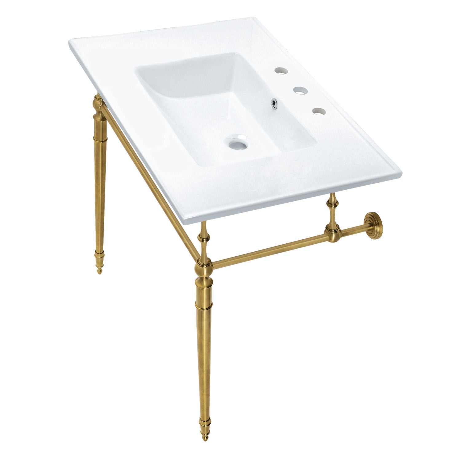 Kingston Heirloom KVPB31227W8BB - Edwardian 31-Inch Ceramic Console Sink with Brass Legs (8-Inch, 3-Hole), White/Brushed Brass