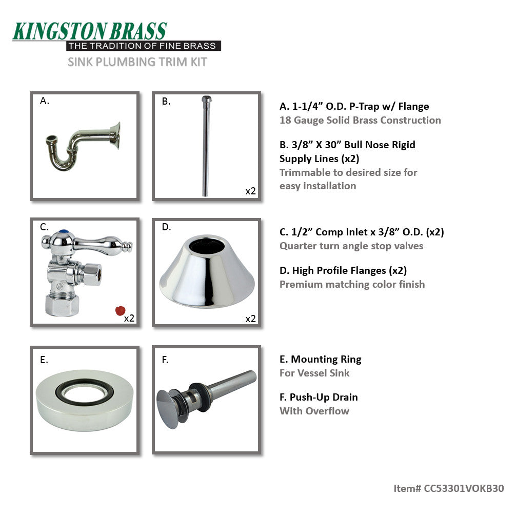 Kingston Heirloom CC53301VOKB30 - Trimscape Traditional Plumbing Sink Trim Kit with P-Trap and Overflow Drain, Polished Chrome