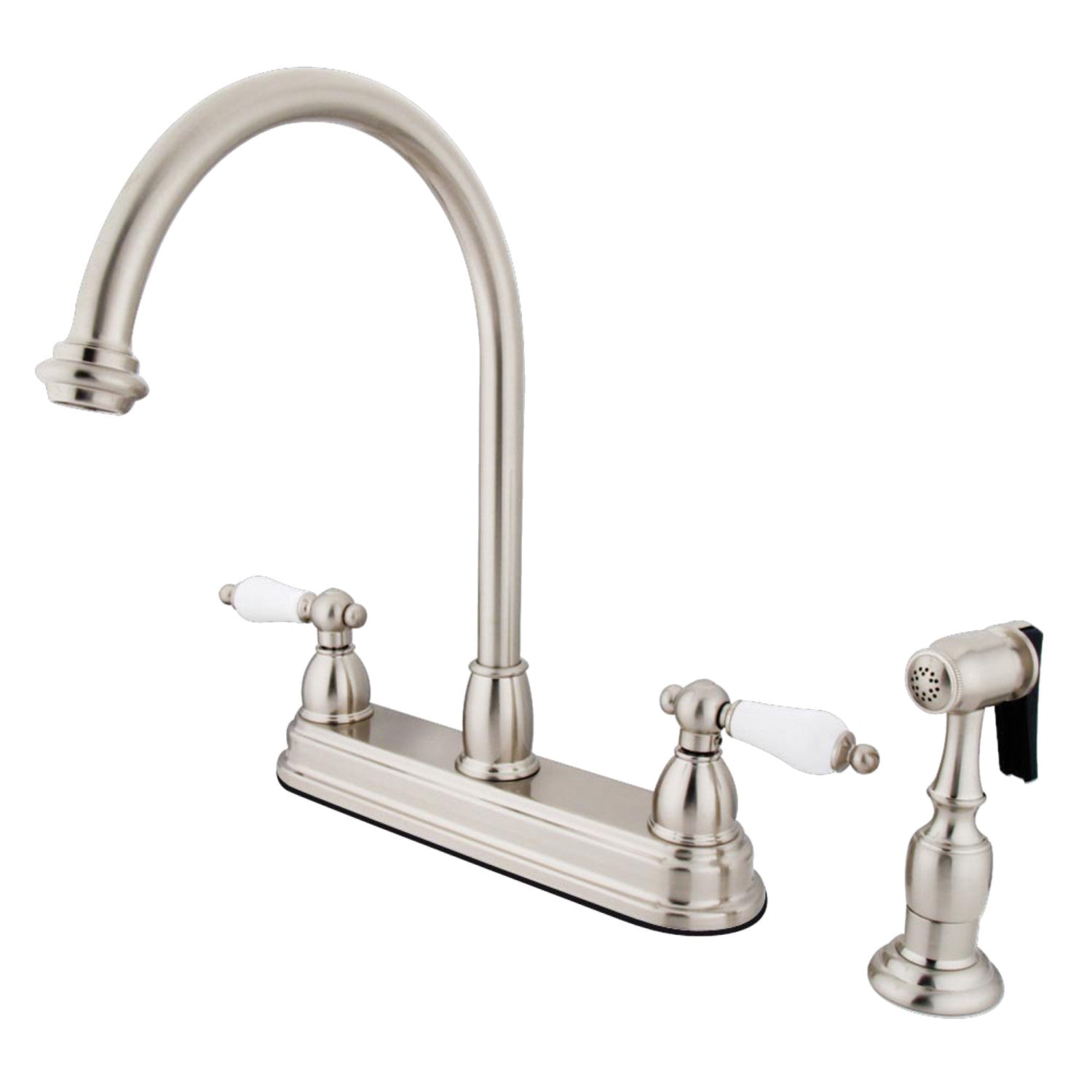 Kingston Heirloom KB3758PLBS - Robinet de cuisine central à deux poignées 4 trous 8" avec pulvérisateur en laiton, nickel brossé