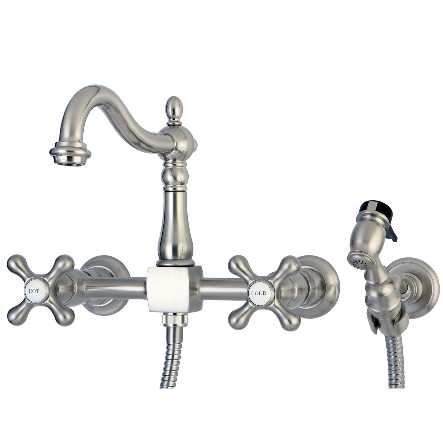 Kingston Heirloom KS1268AXBS - Robinet de cuisine à deux poignées Heritage 3 trous avec pulvérisateur en laiton, nickel brossé