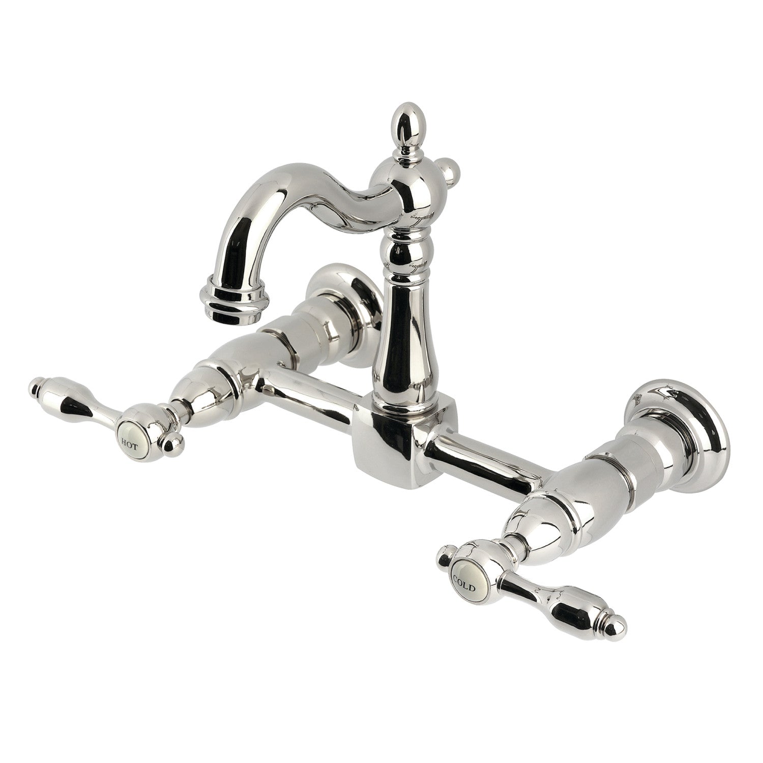 Kingston Heirloom KS2446TAL - Robinet de cuisine à deux poignées Tudor 2 trous Wall Mount Bridge, nickel poli